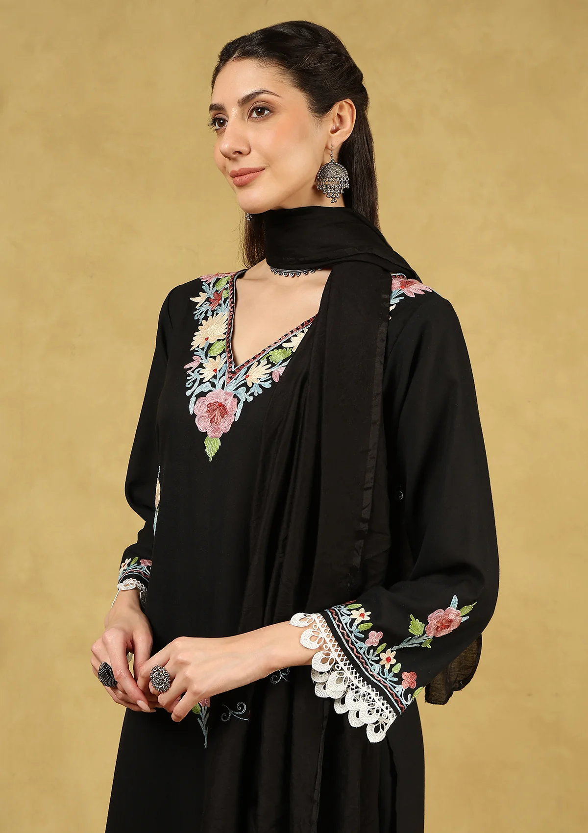HOC Cotton Aari Embroidered Solid Women's 3 PC Long Kurta Set with Dupatta - Black - Healthber