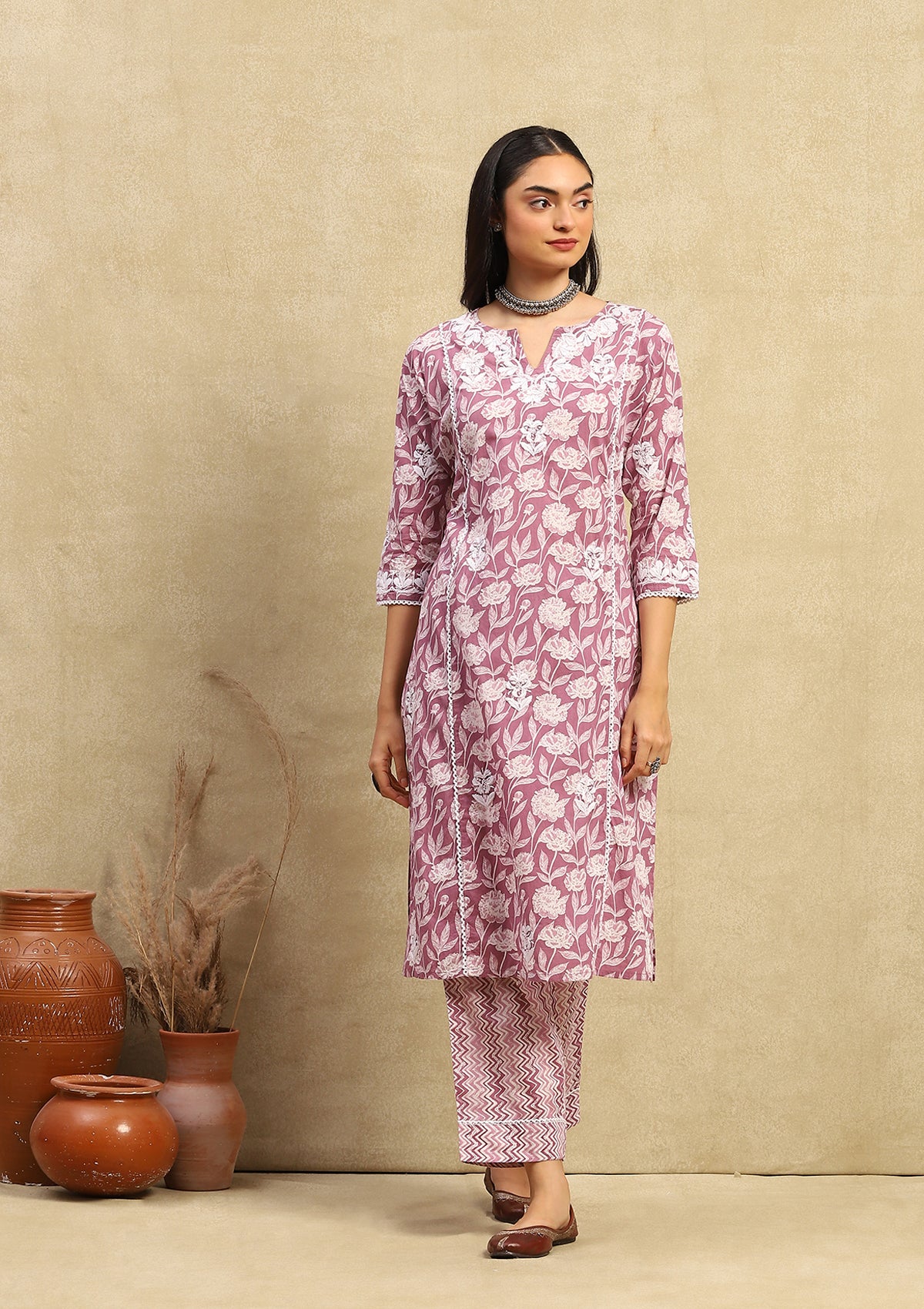 HOC Cotton Chikankari Printed Women's 2PC Long Kurta Set - Purple - Healthber