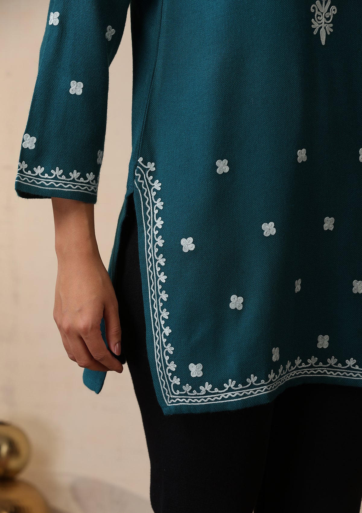 HOC Aari Embroidered Woollen Solid Women's Short Kurta - Teal - Healthber