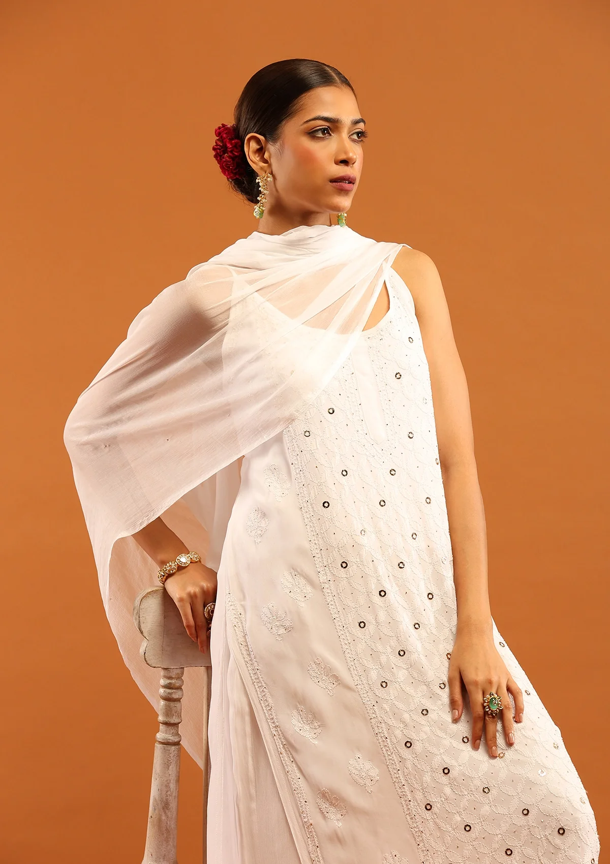 HOC Viscose Georgette Chikankari Mukaish & Kamdani Solid Women's 3 PC Long Kurta Set-White - Healthber