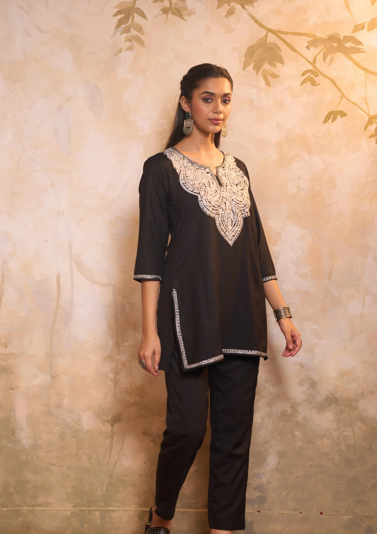 HOC Cotton Embroidered Zari Work Solid Women's 2 PC Co-ords-Set - Black - Healthber
