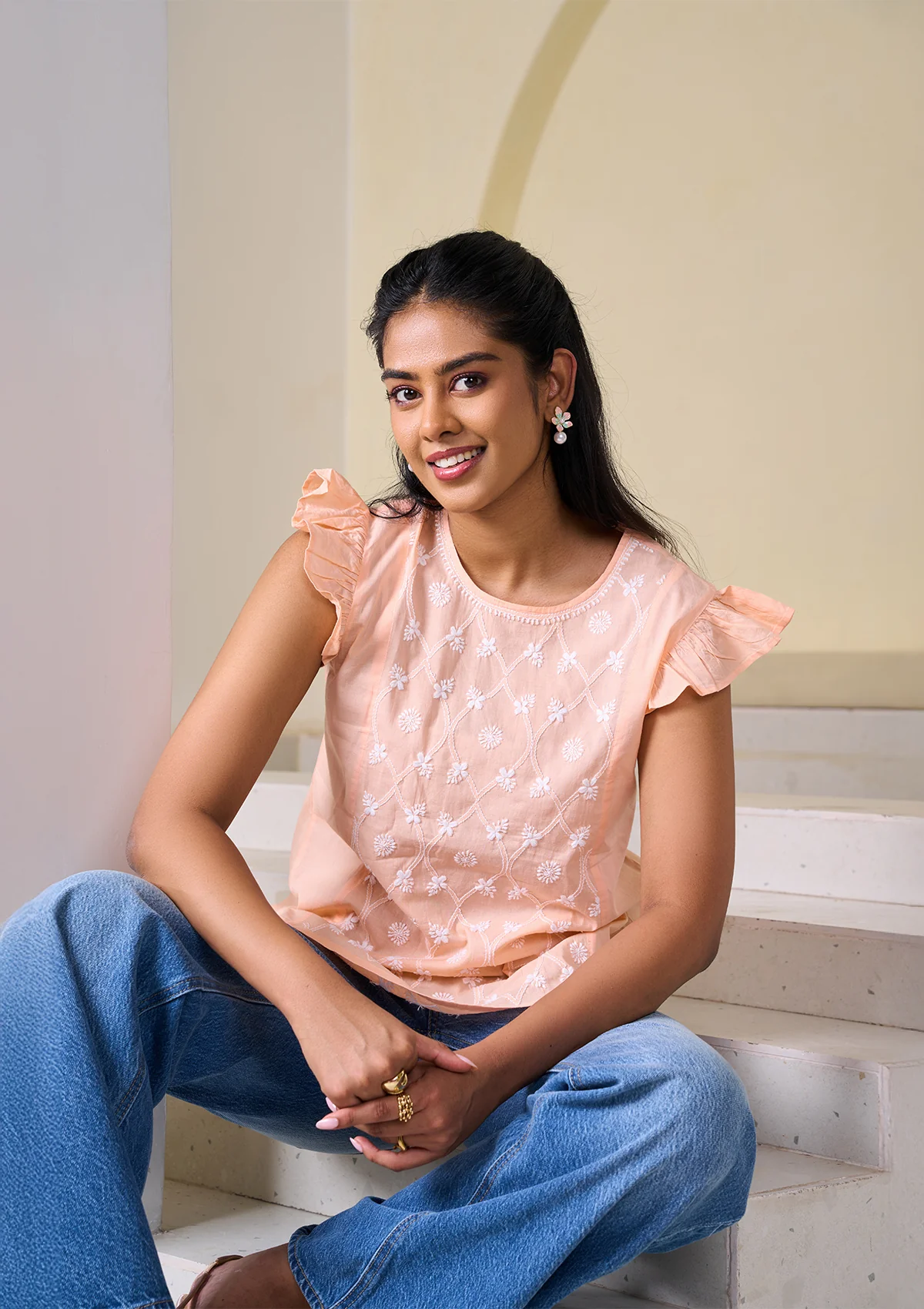 HOC Cotton Chikankari Solid Women's Top - Peach - Healthber