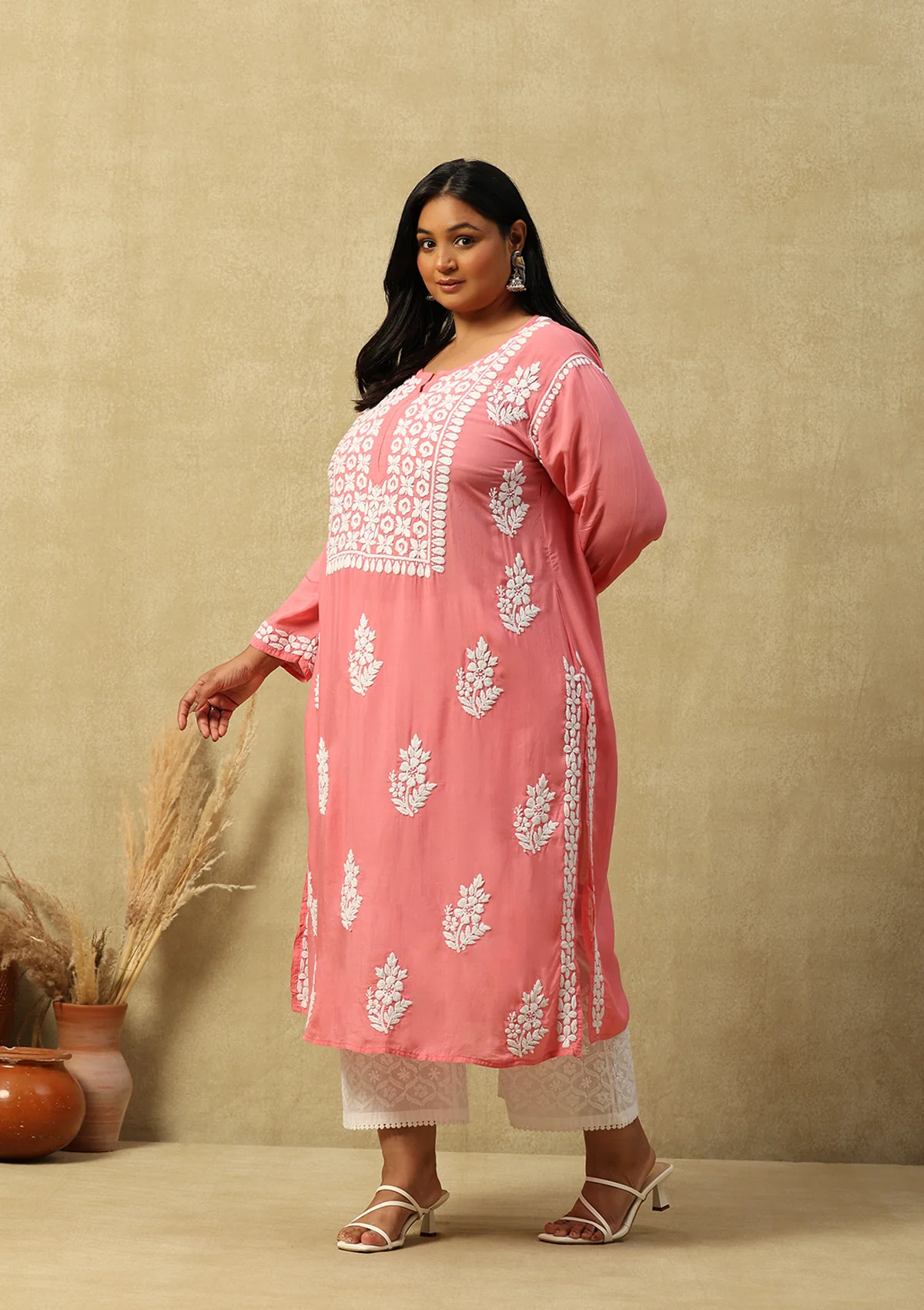 HOC Modal Chikankari Solid Women's Long Kurta -Pink - Healthber