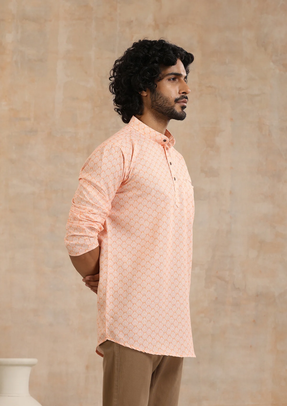 HOC Poly Cotton Printed Men's Short Kurta - Orange - Healthber