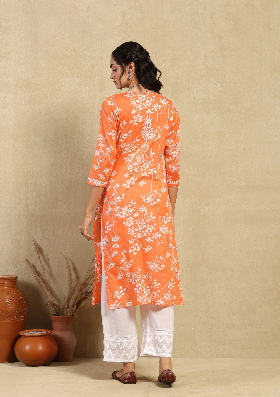HOC Zainab Chikankari Mulmul Printed Straight Kurta -Orange - Healthber