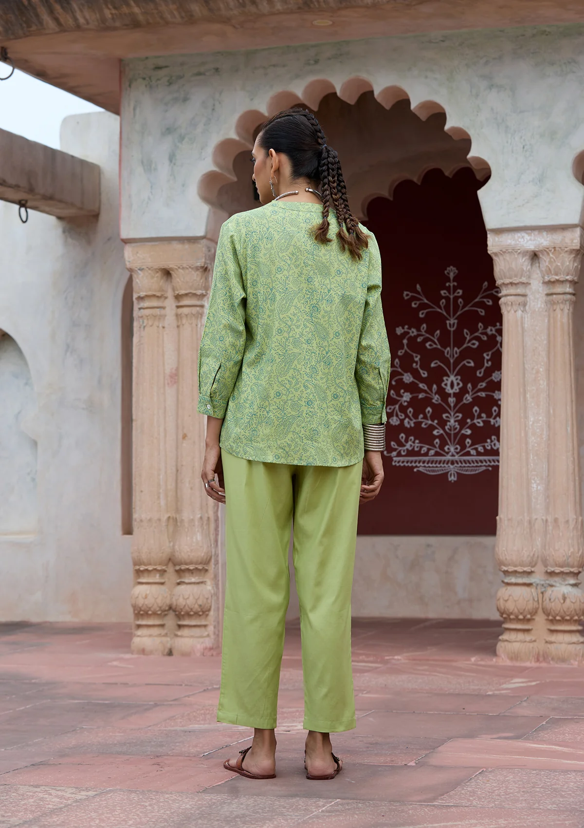 HOC Glazed Cotton Hand Block Printed with Hand Embroidery Women's 2 PC Co-ord Set - Green - Healthber