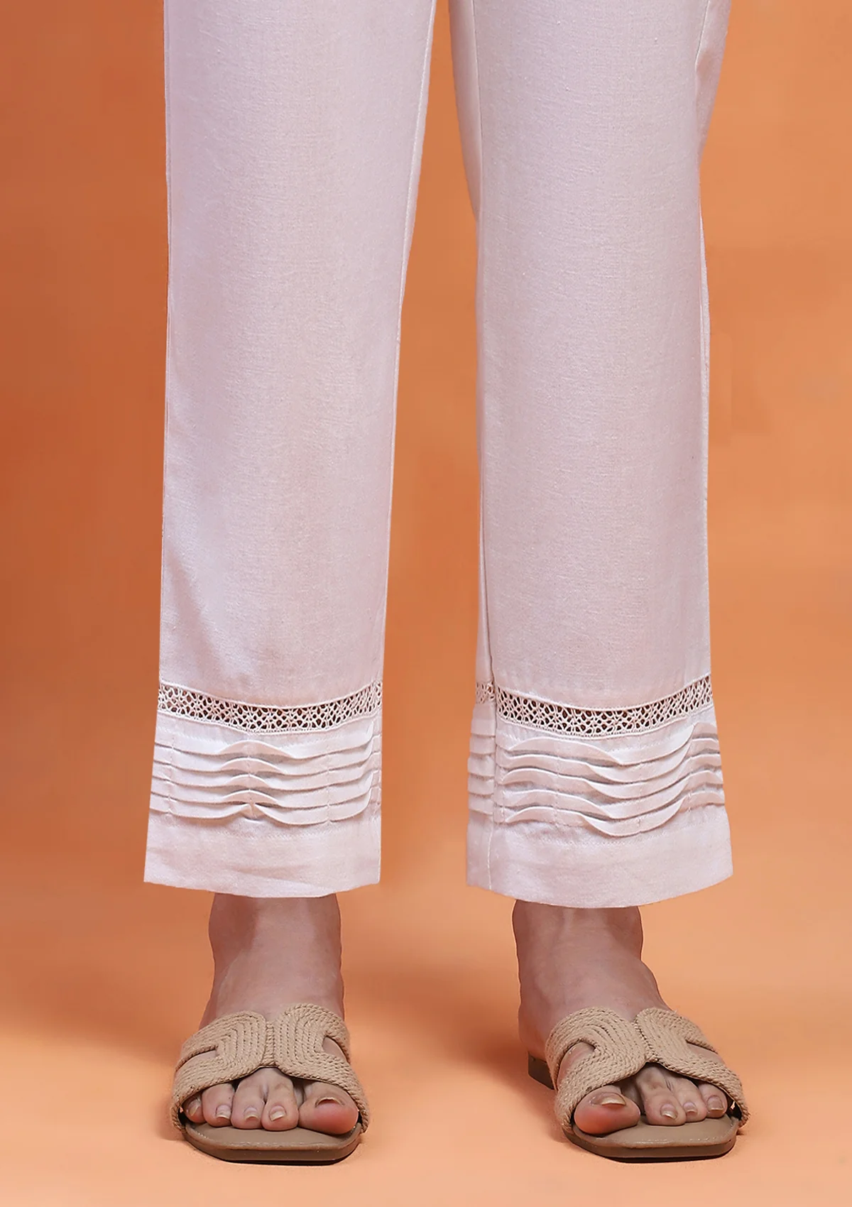 HOC Cotton Loom Solid Women's Pintuck Pants with Lace - White - Healthber