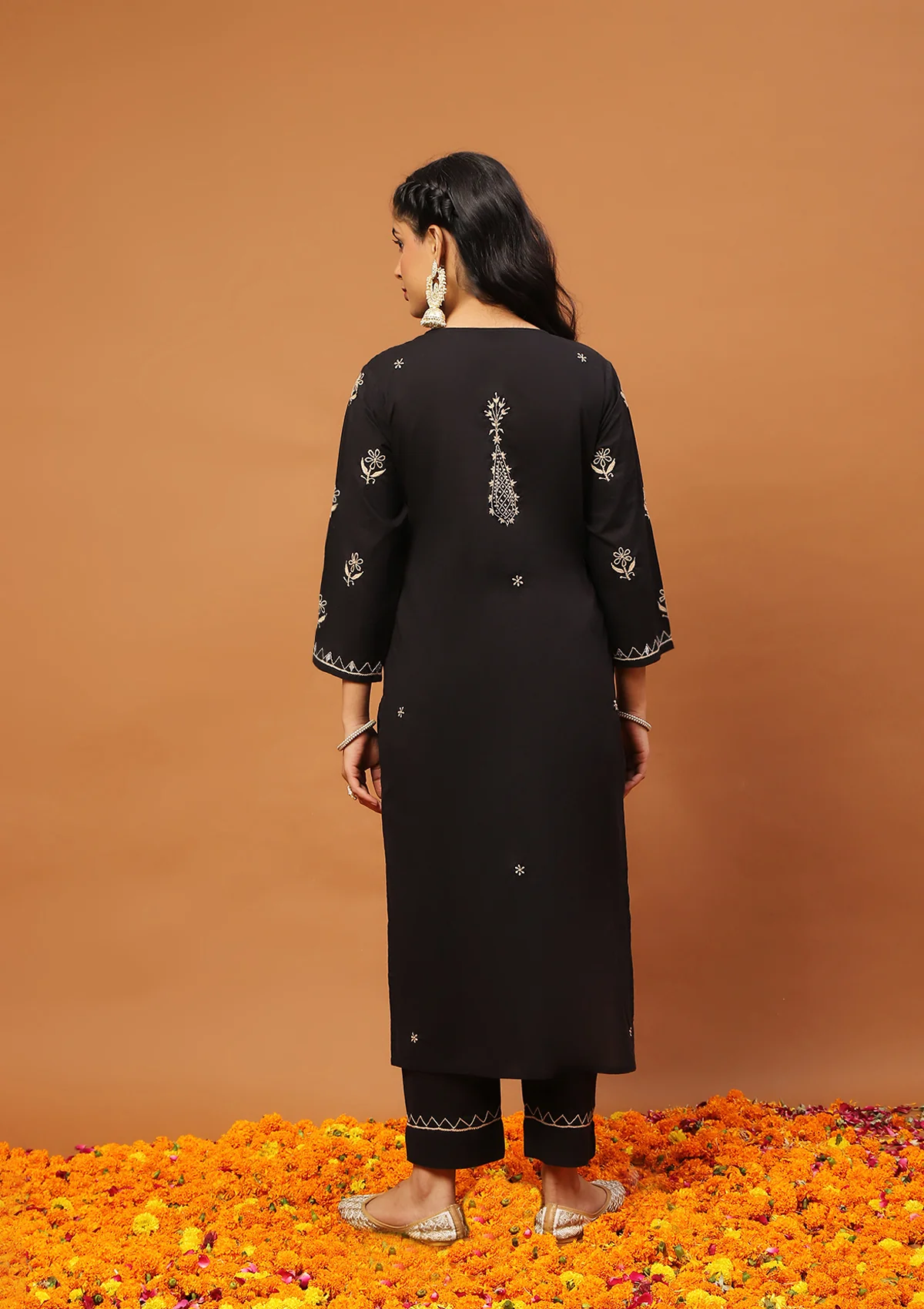 HOC Cotton Chikankari Gota Work Solid Women's 2PC Long Kurta Set -Black - Healthber