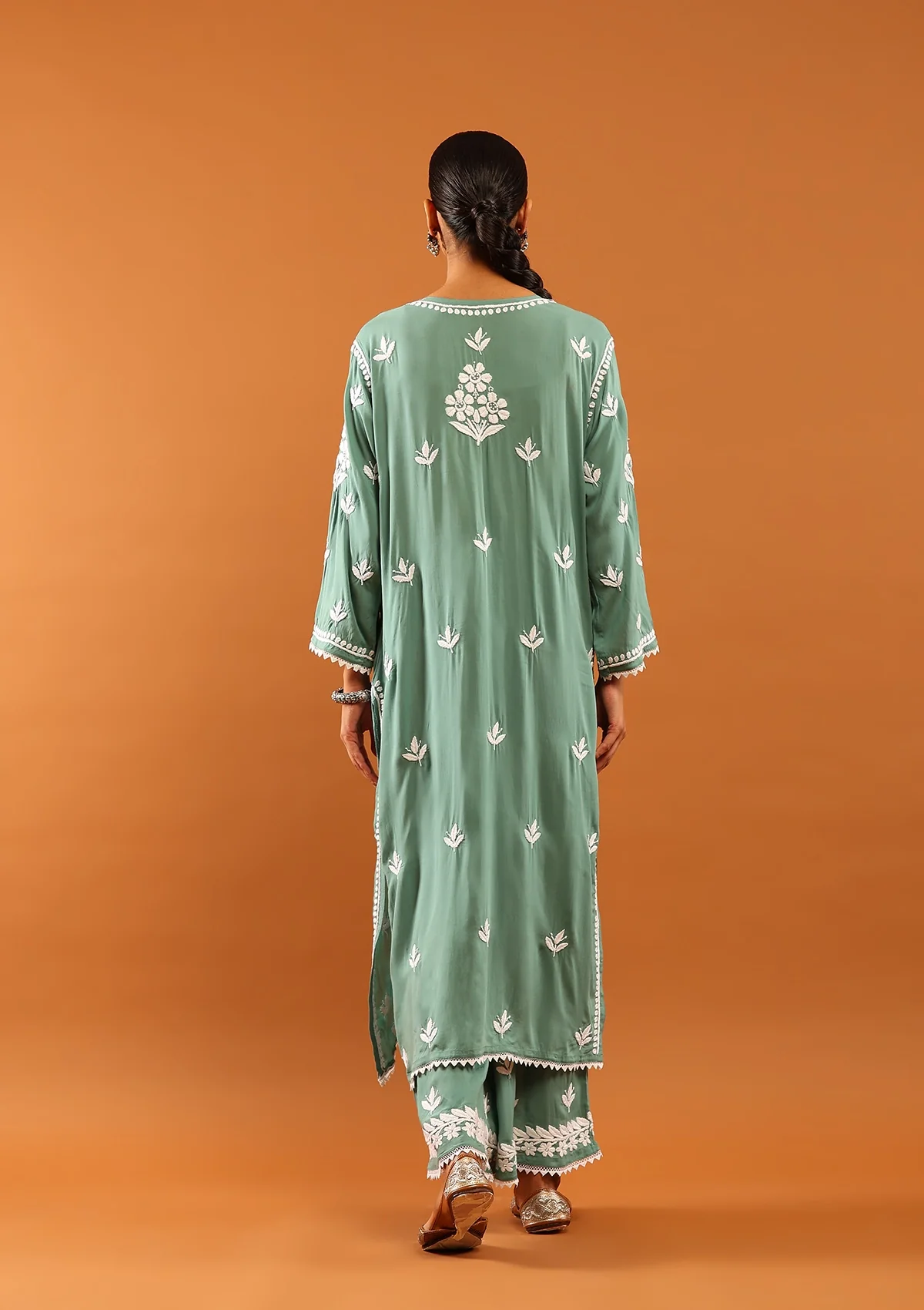 Modal Chikankari Solid Women's 2 PC Long Kurta Set with Lace -Green - Healthber