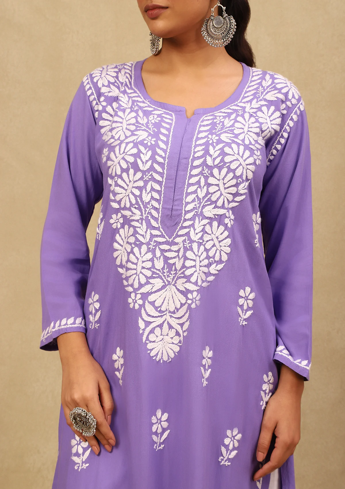HOC Rayon Chikankari Solid Women's Long Kurta -Lavender - Healthber