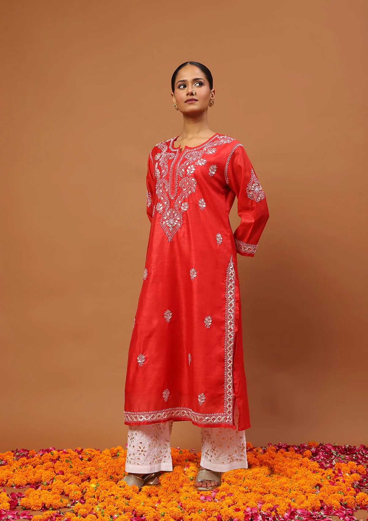 HOC Chanderi Chikankari Gota Work Solid Women's 4 PC Long Kurta Set-Red - Healthber