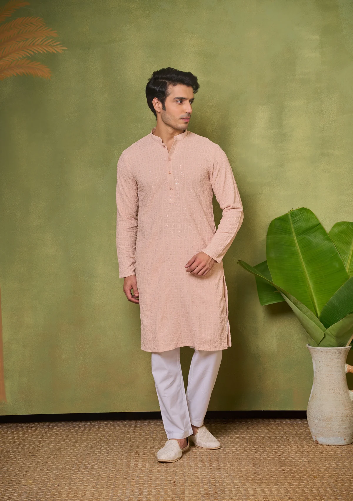 HOC Rayon Embroidered With Sequins Solid Men's Long Kurta- Peach - Healthber
