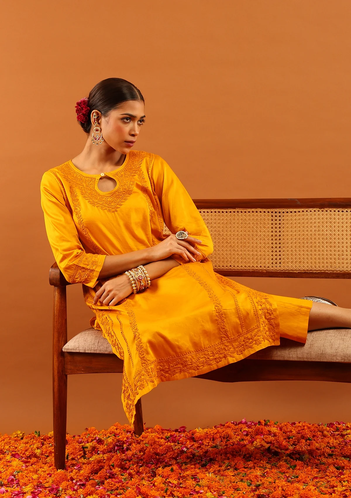 HOC Jaam Silk Chikankari Solid Women's 2 PC Long Kurta Set - Mustard - Healthber