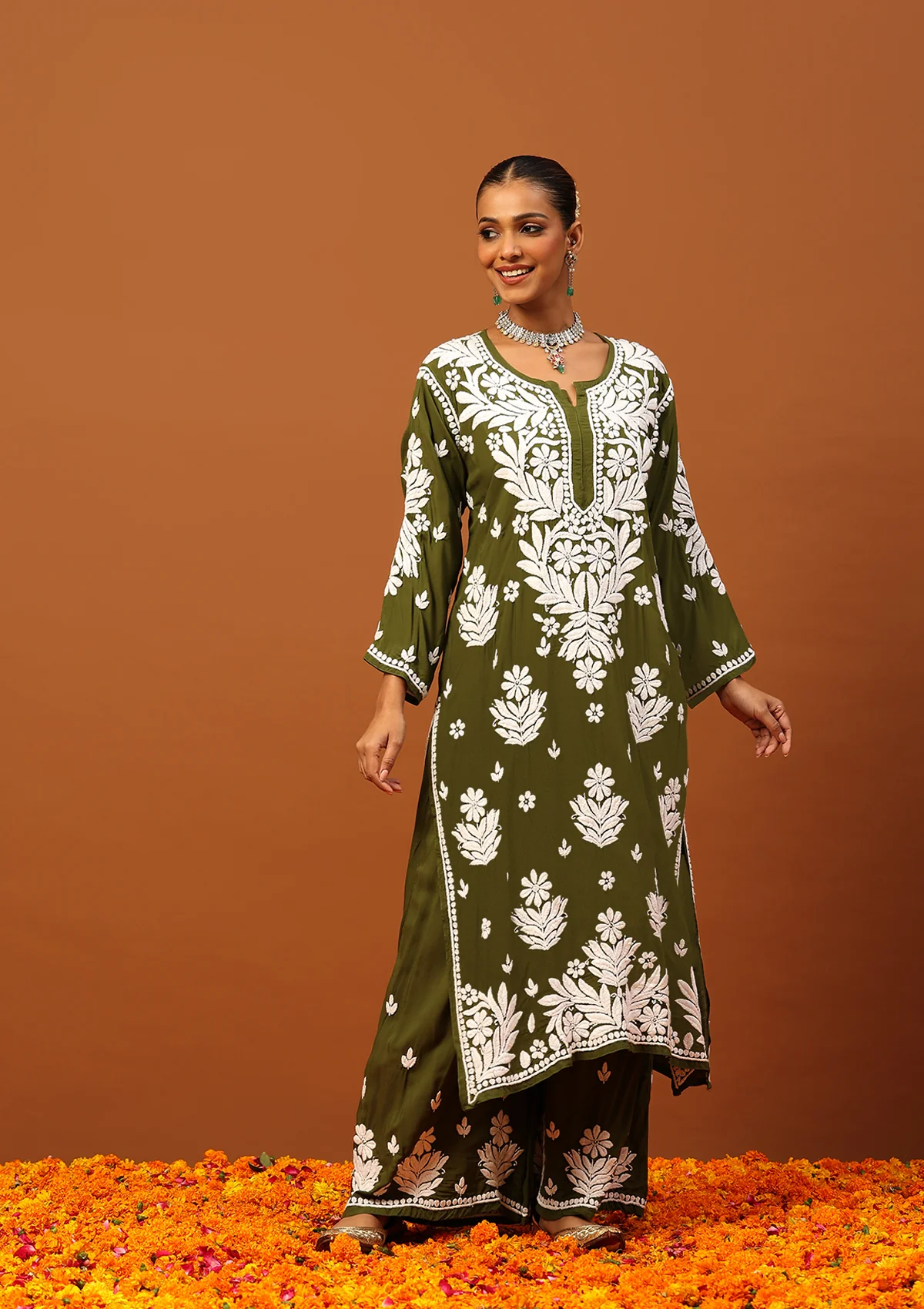 HOC Modal Chikankari Solid Women's 2 PC Long Kurta Set -Olive Green - Healthber