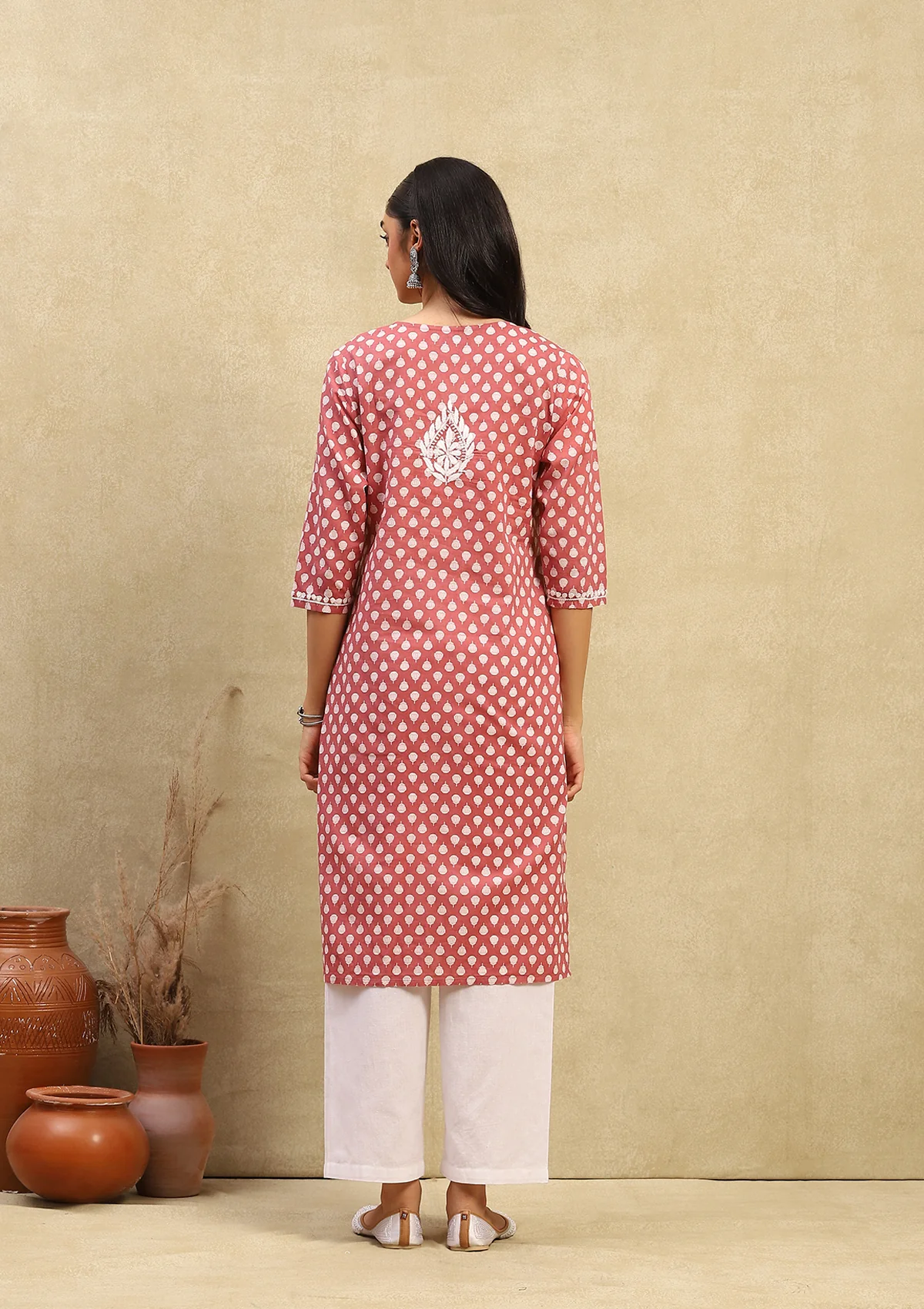 HOC Cotton Chikankari Printed Women's Long Kurta - Dust Pink - Healthber