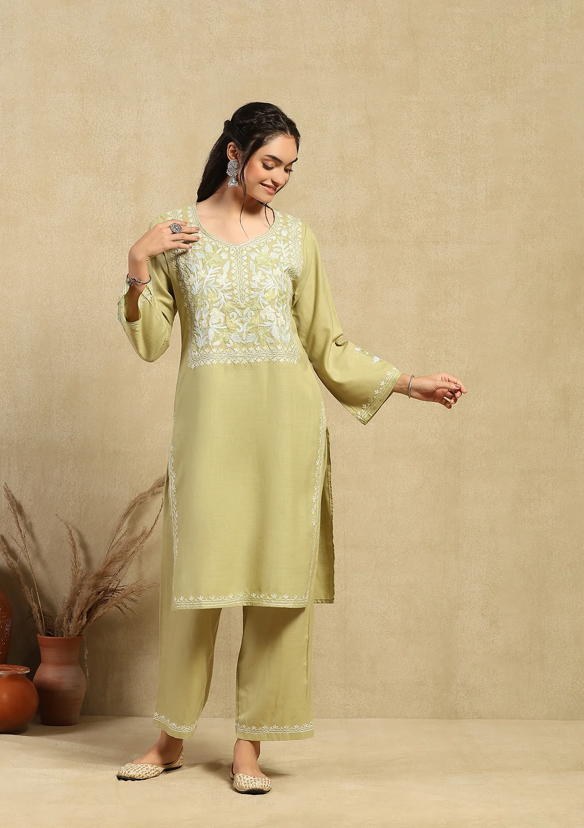 HOC Cotton Aari Embroidered Solid Women's 2 PC Long  Kurta Set - Green - Healthber