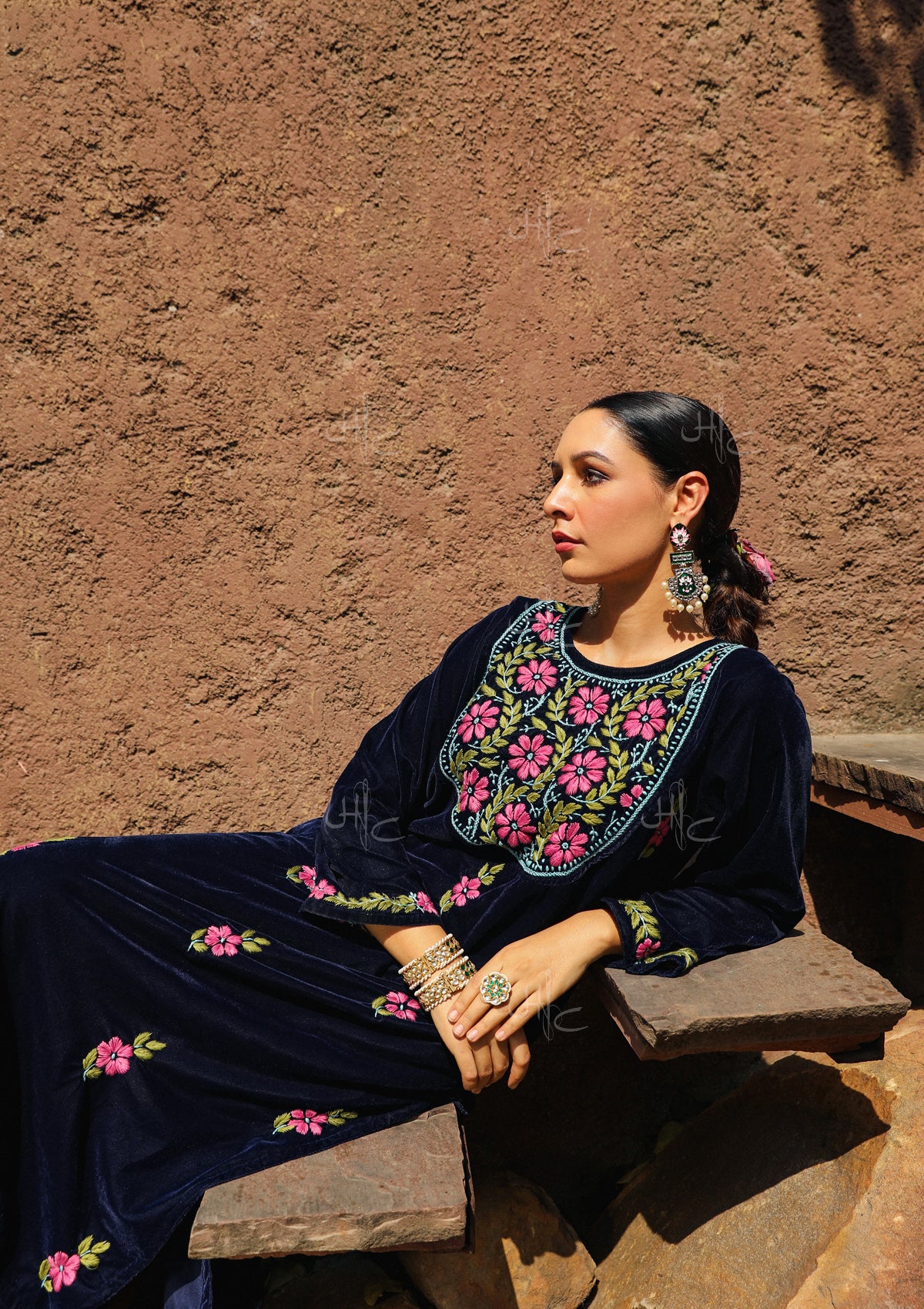 HOC Rumi Chikankari Velvet Straight Kurta Set - Healthber