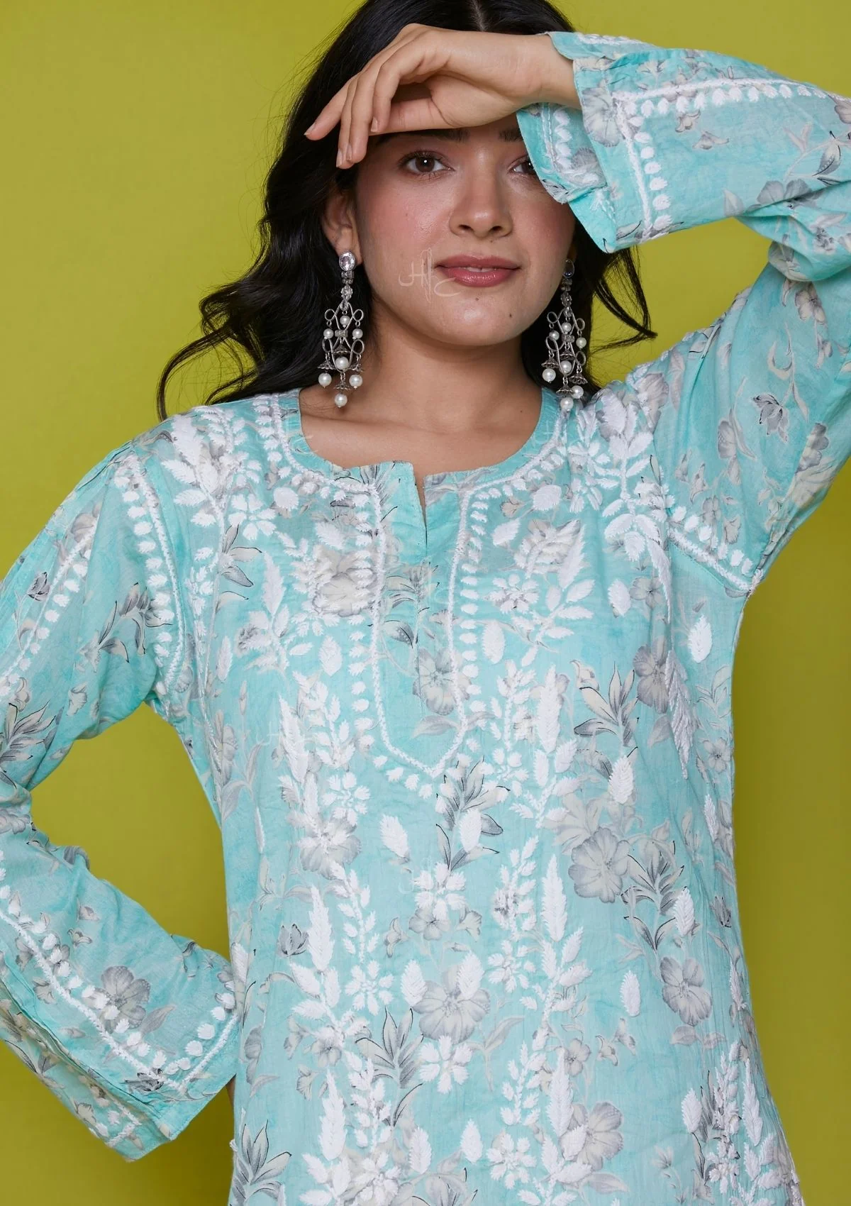 HOC Mulmul Chikankari Printed Women's Long Kurta - Blue - Healthber