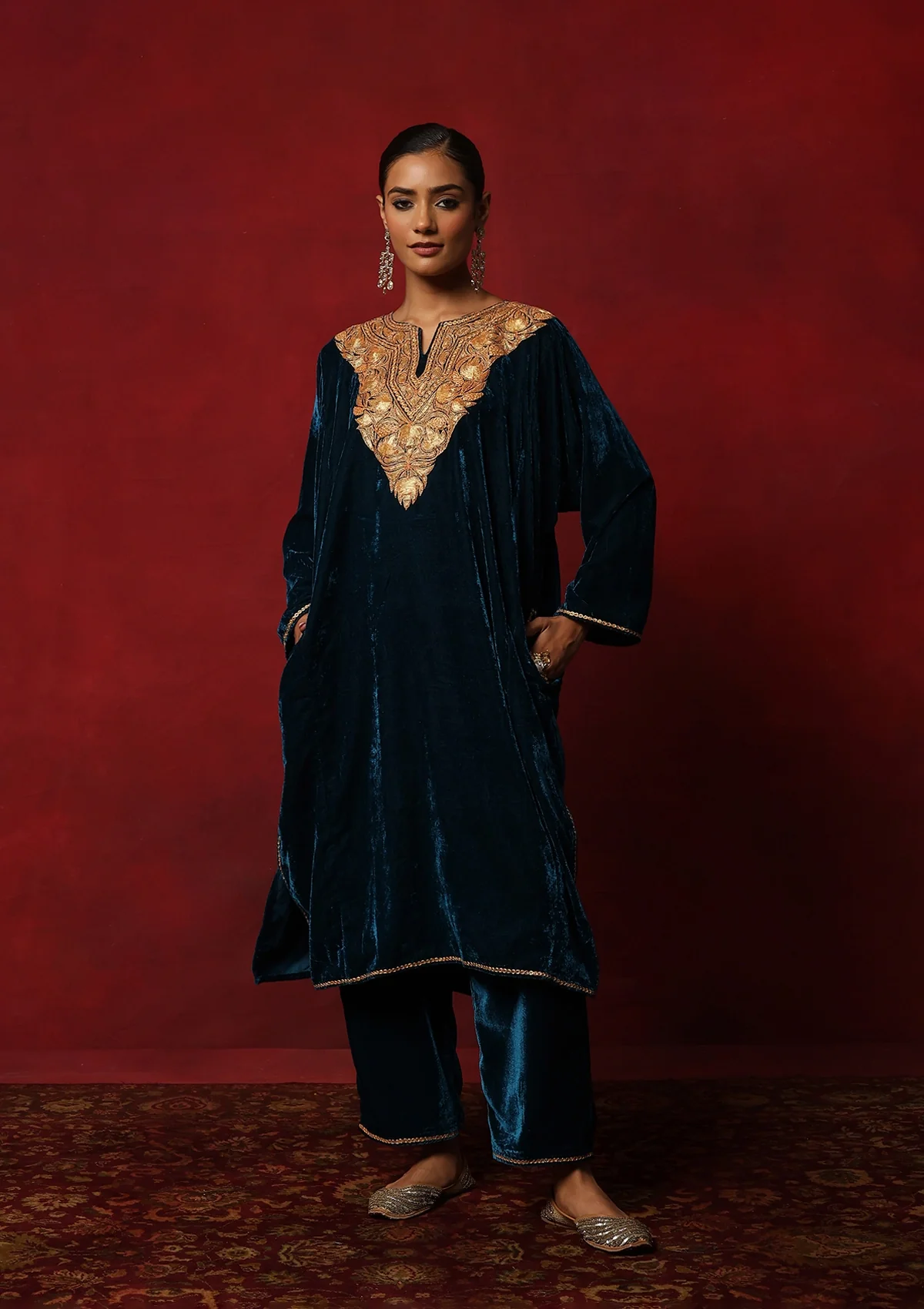 HOC Kashmiri Velvet Tilla Embroidered Solid Women's 2 PC Phiran Set -Teal Green - Healthber