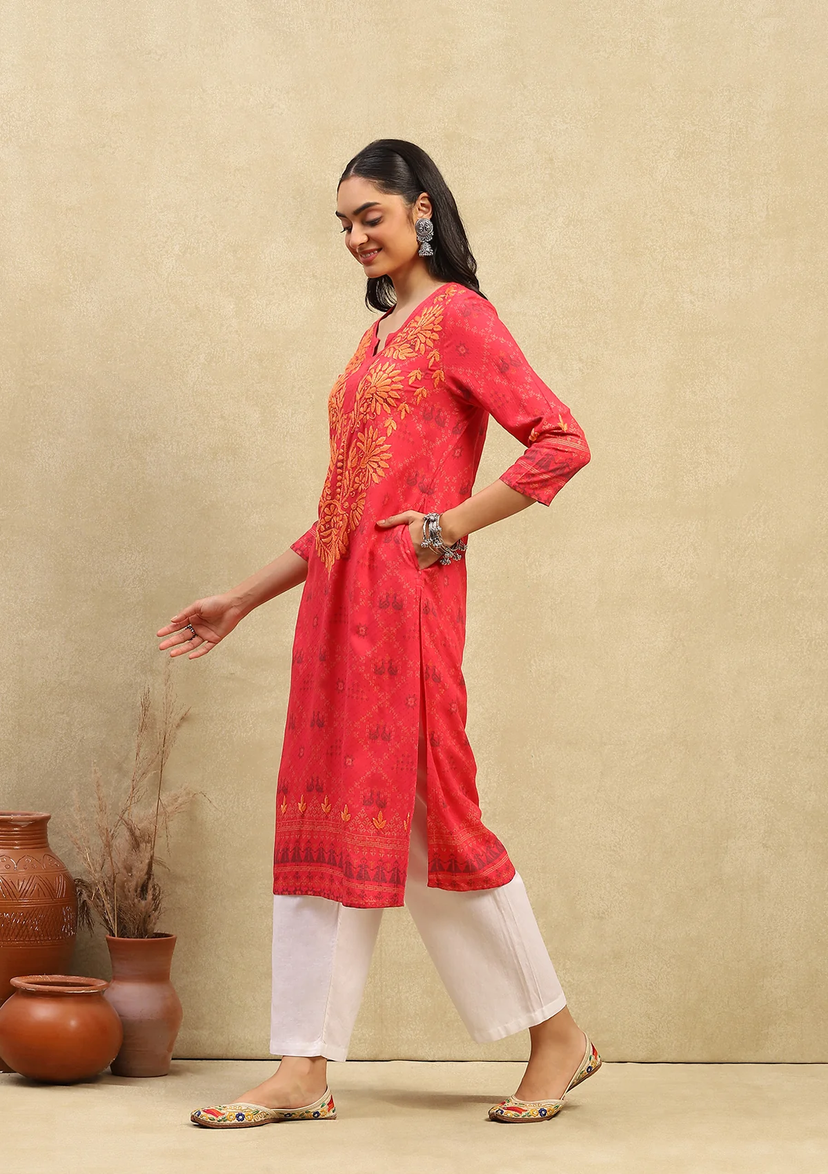 HOC Rayon Dobby Chikankari Printed Women's Long Kurta - Dark Pink - Healthber