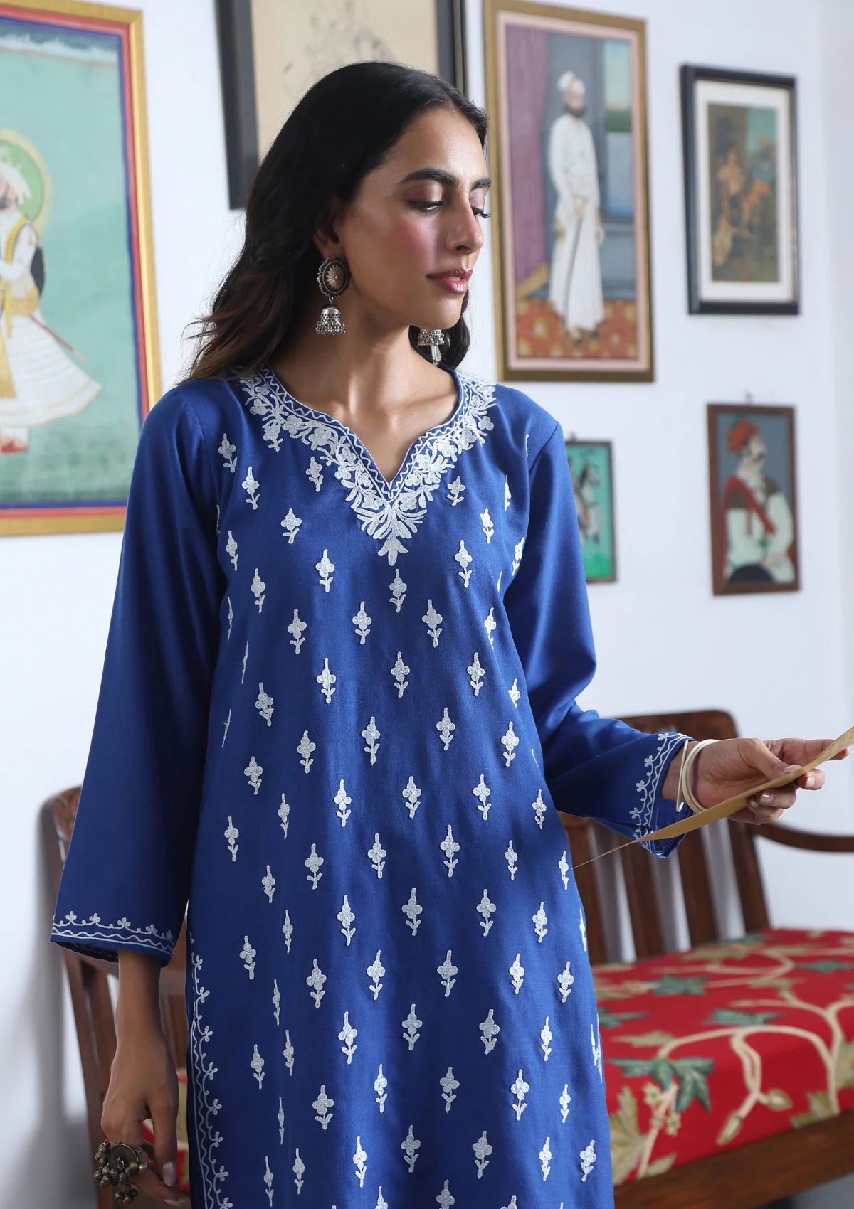 HOC Aari Embroidered Cotton Solid Women's Long Kurta - Blue - Healthber