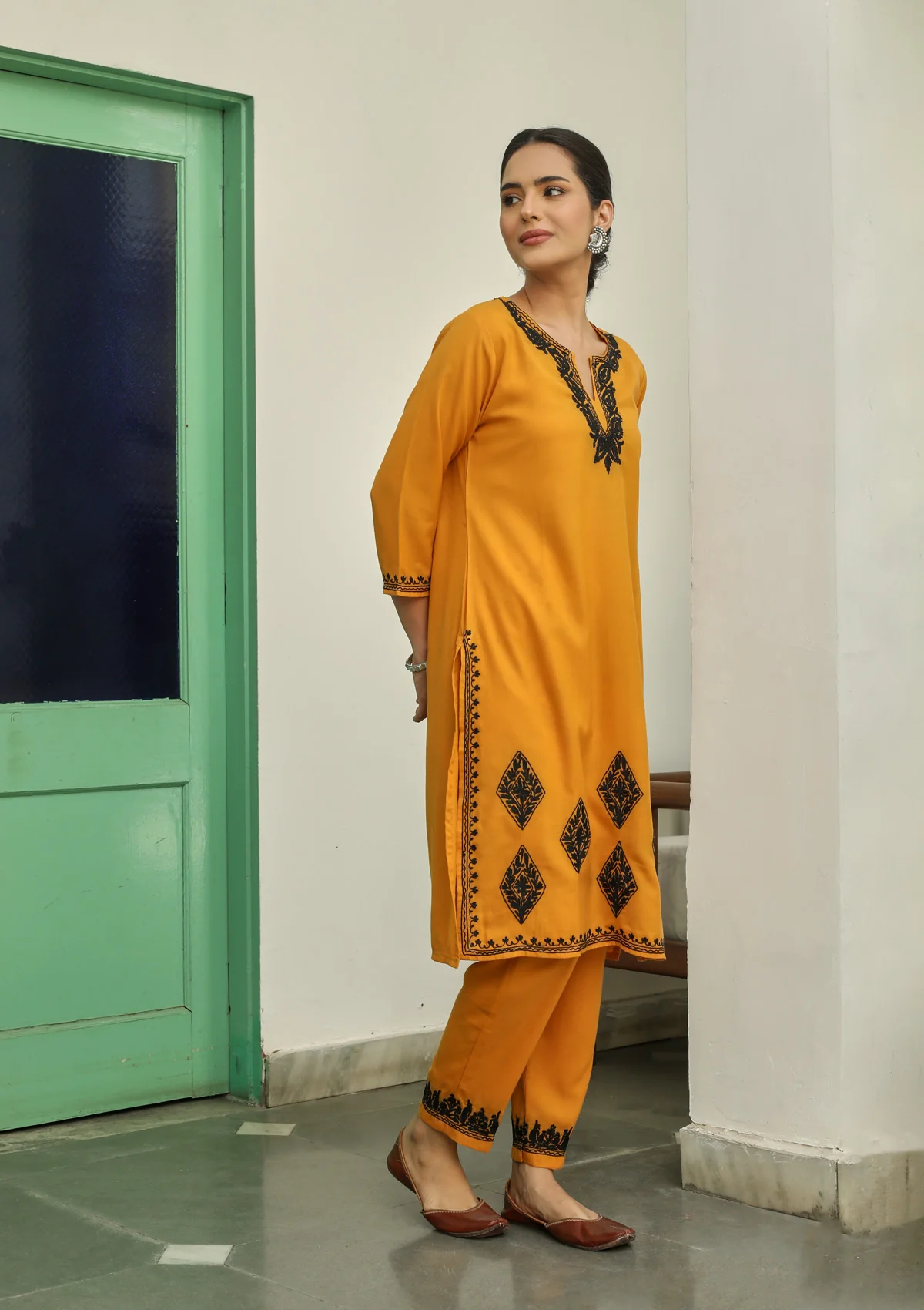 HOC Aari Embroidered Cotton Solid Women's 2PC Long Kurta Set - Mustard - Healthber