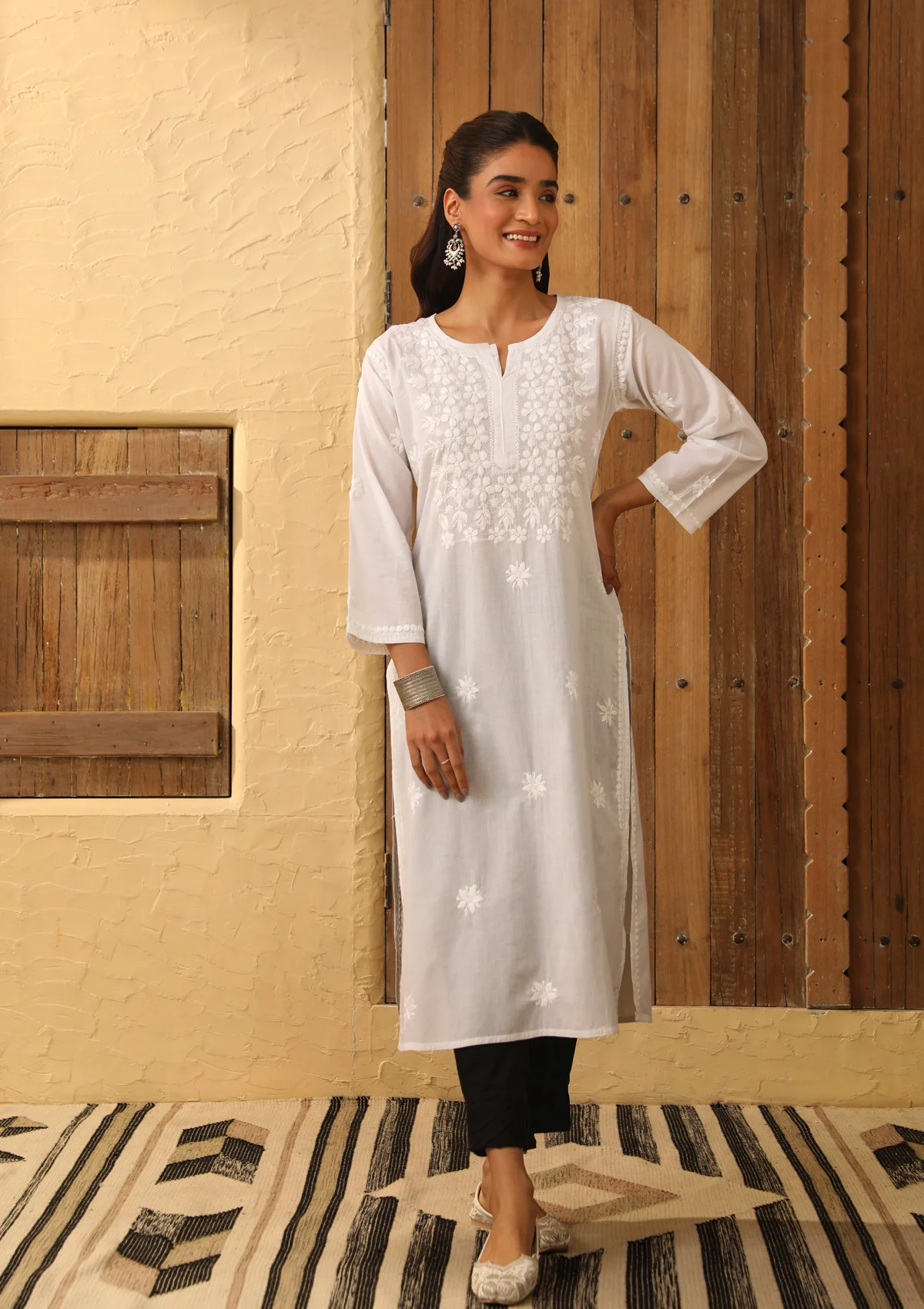 HOC Cotton Chikankari Solid Women's Long Kurta - White - Healthber