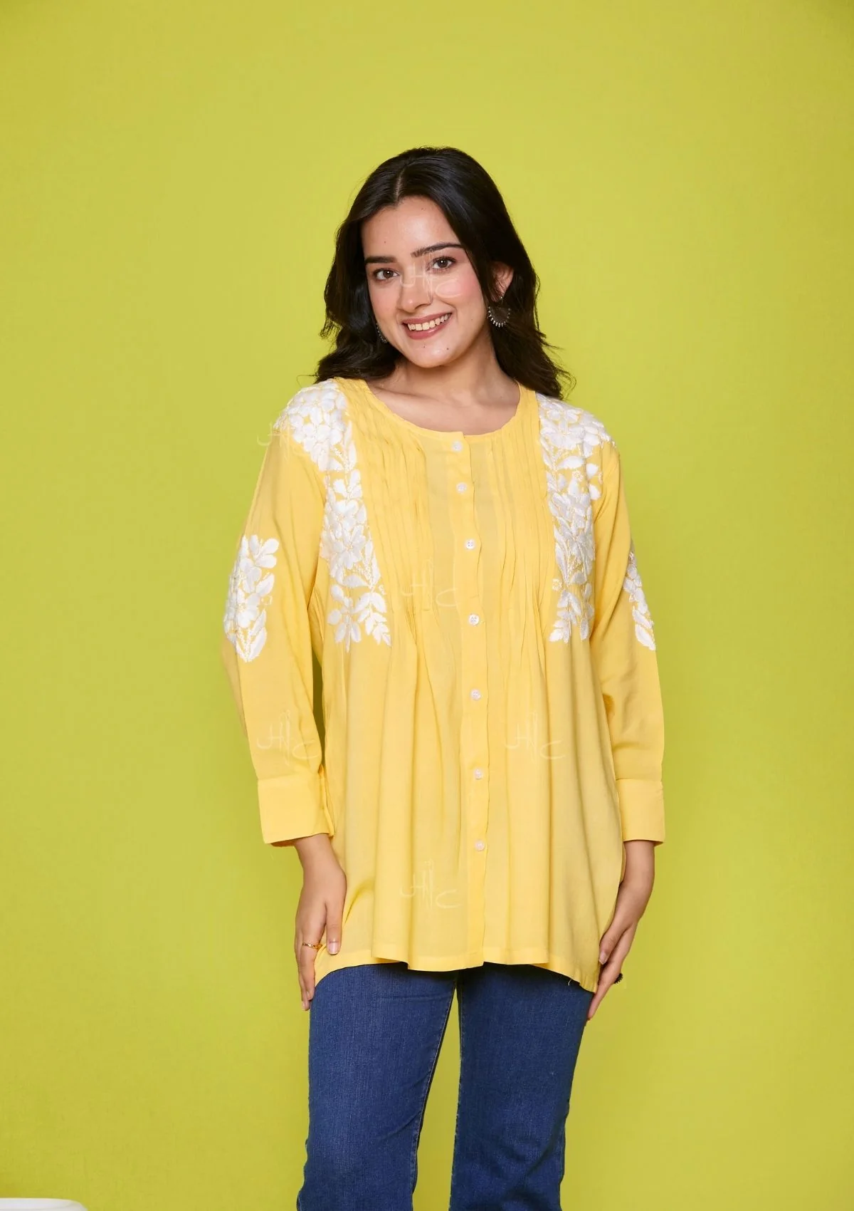 Rayon Chikankari Solid Women's Shirt - Yellow - Healthber