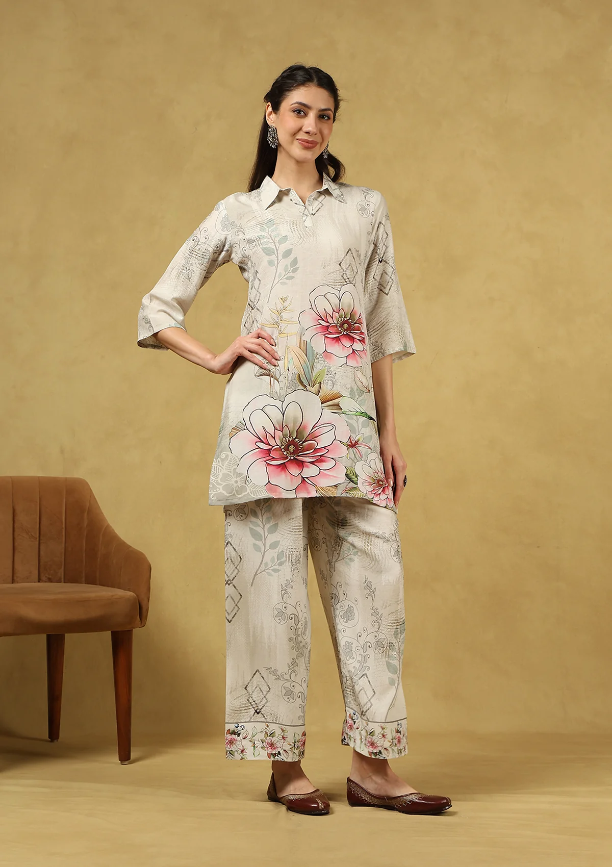 HOC Hand Embellished Viscose Linen Printed Women's 2 PC Co-ord Set - White - Healthber