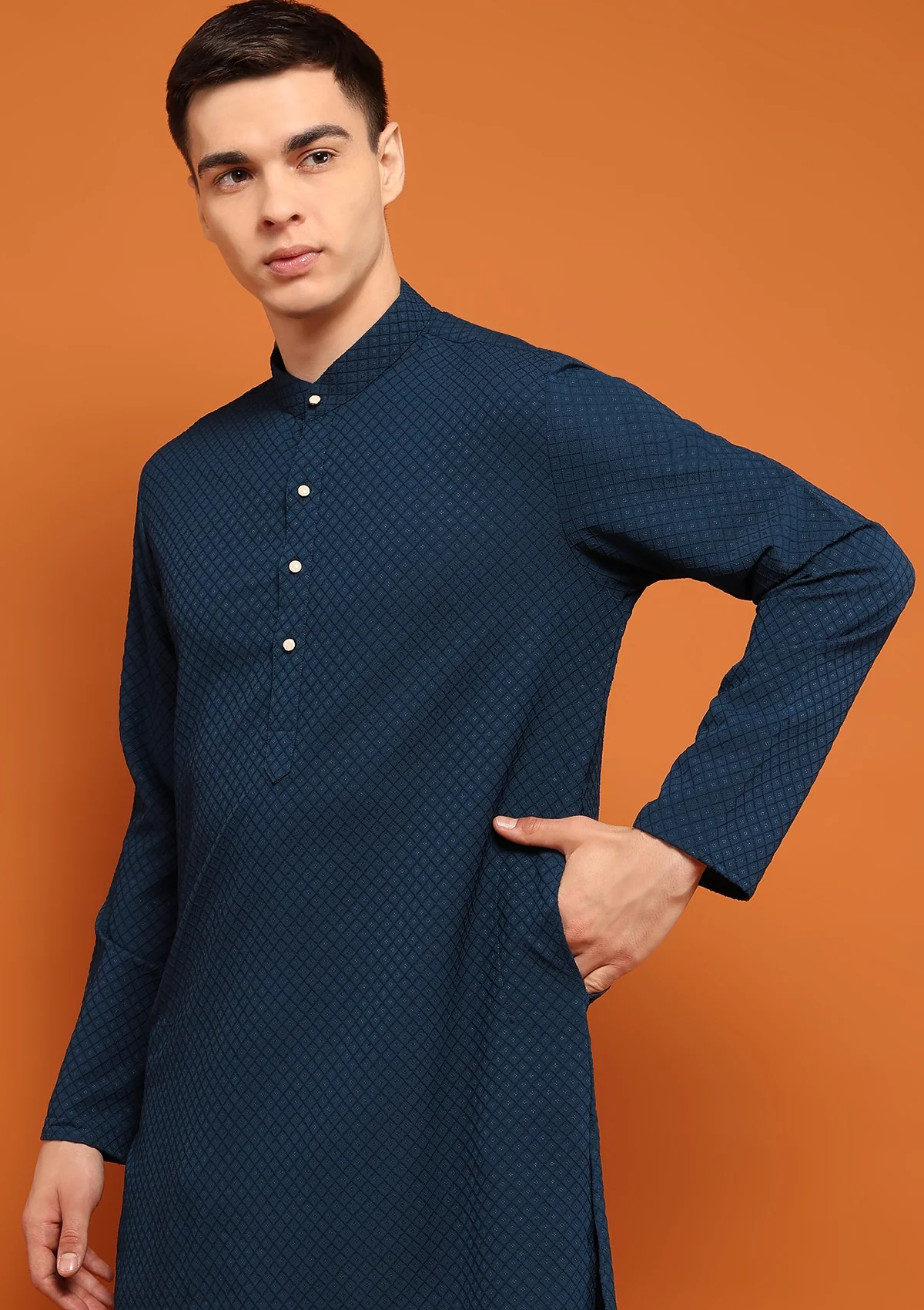 HOC Dobby Textured Solid Men's Long Kurta - Navy Blue - Healthber