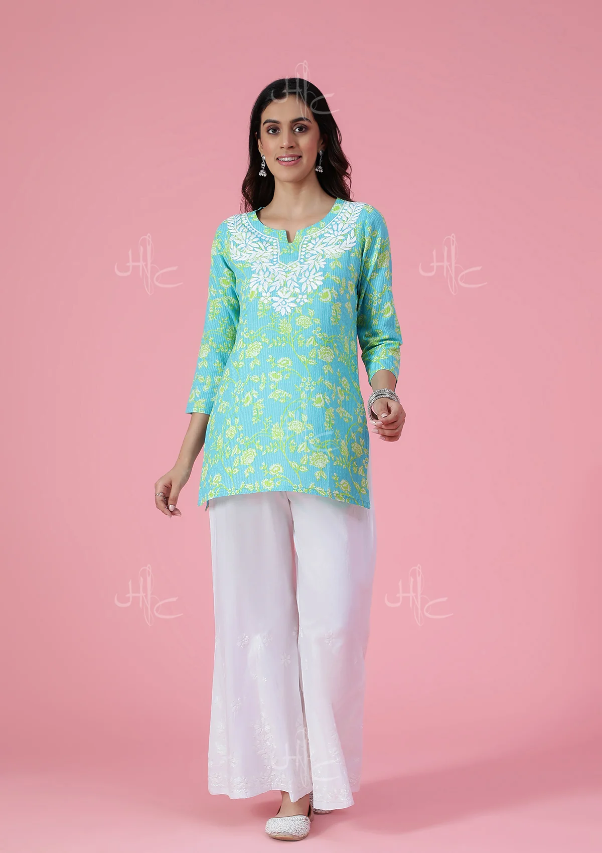 HOC Kantha Cotton Chikankari Printed Women's Short Kurta - Blue - Healthber