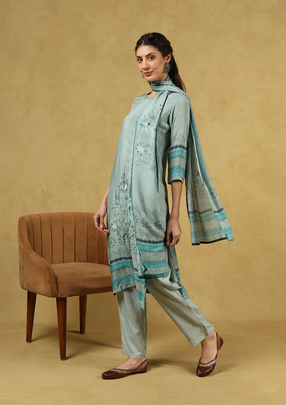 HOC Hand Embellished Muslin Zari Printed Women's 3 PC Long Kurta Set with Dupatta - Sea Green - Healthber
