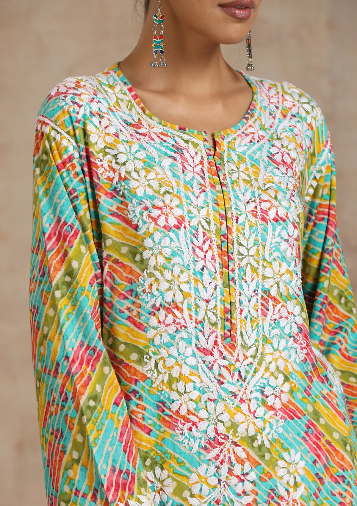 HOC Rayon Chikankari Printed Women's Long Kurta - Dark Green - Healthber