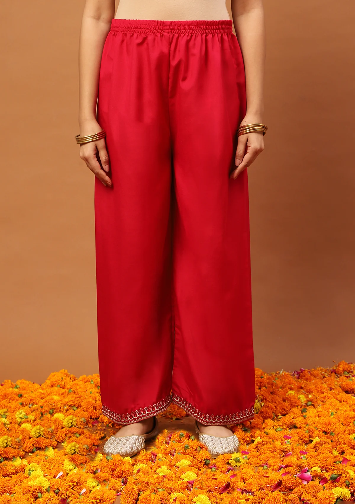 HOC Silk Blend Zari Embroidered Solid Women's 3 PC A-Line Kurta Set-Red - Healthber