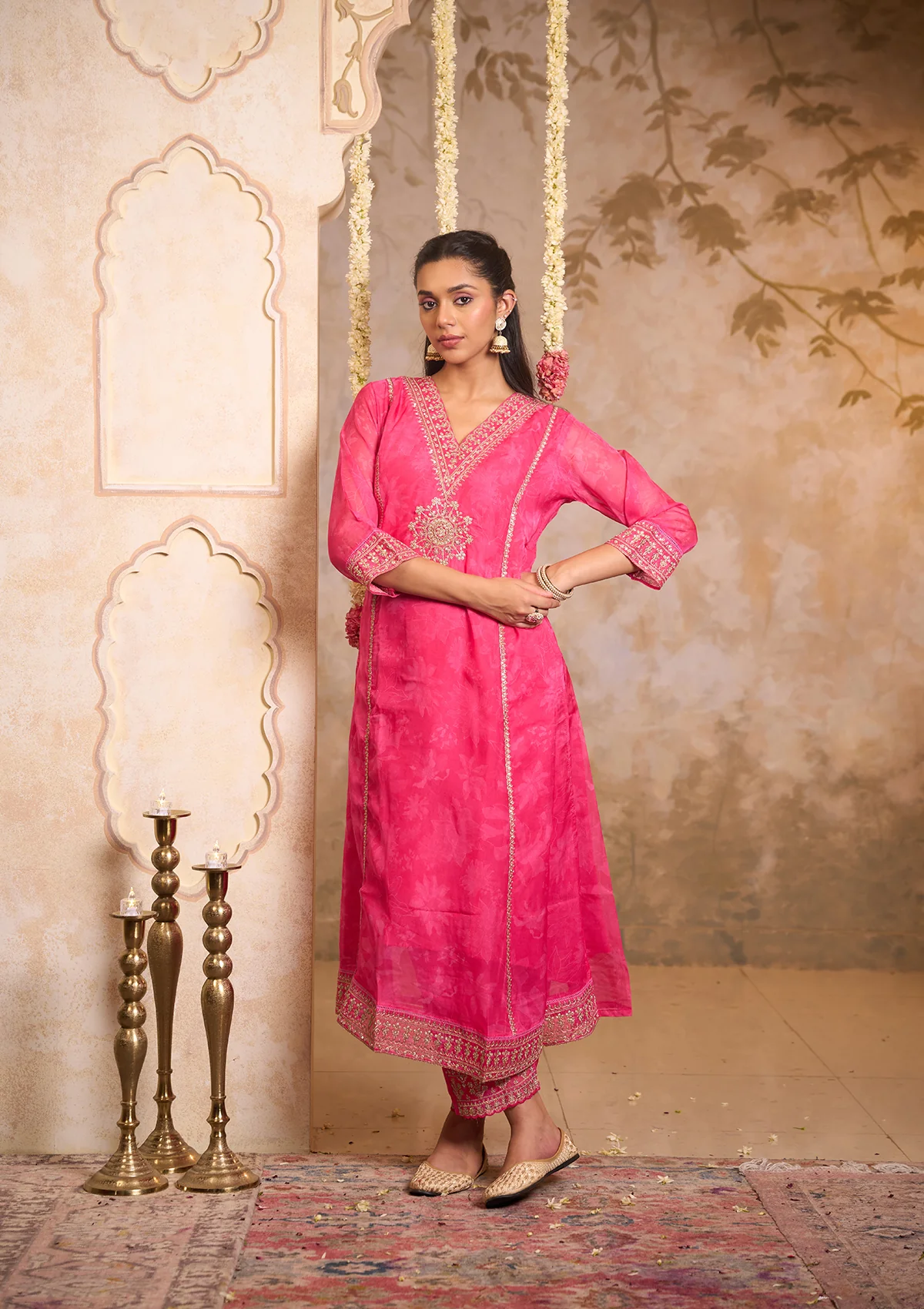 HOC Organza Blend Embroidered Zardozi Printed Women's 3 PC A-Line Kurta Set-Pink - Healthber