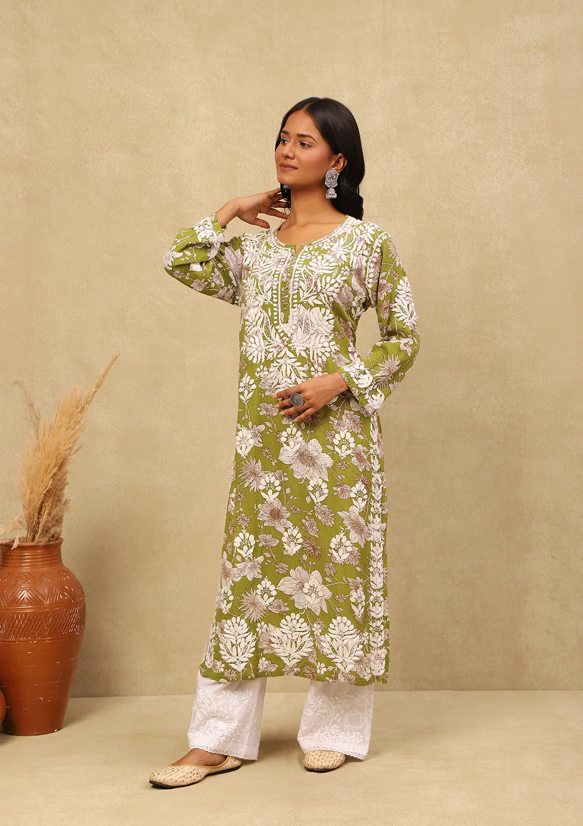 HOC Rayon Chikankari Printed Women's Long Kurta -Green - Healthber