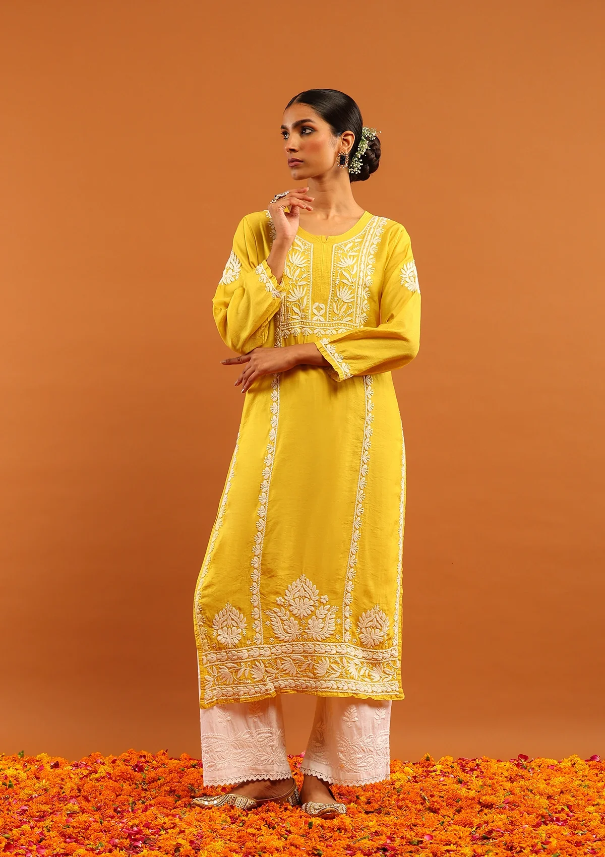 HOC Chanderi Chikankari Solid Women's Long Kurta -Mustard - Healthber