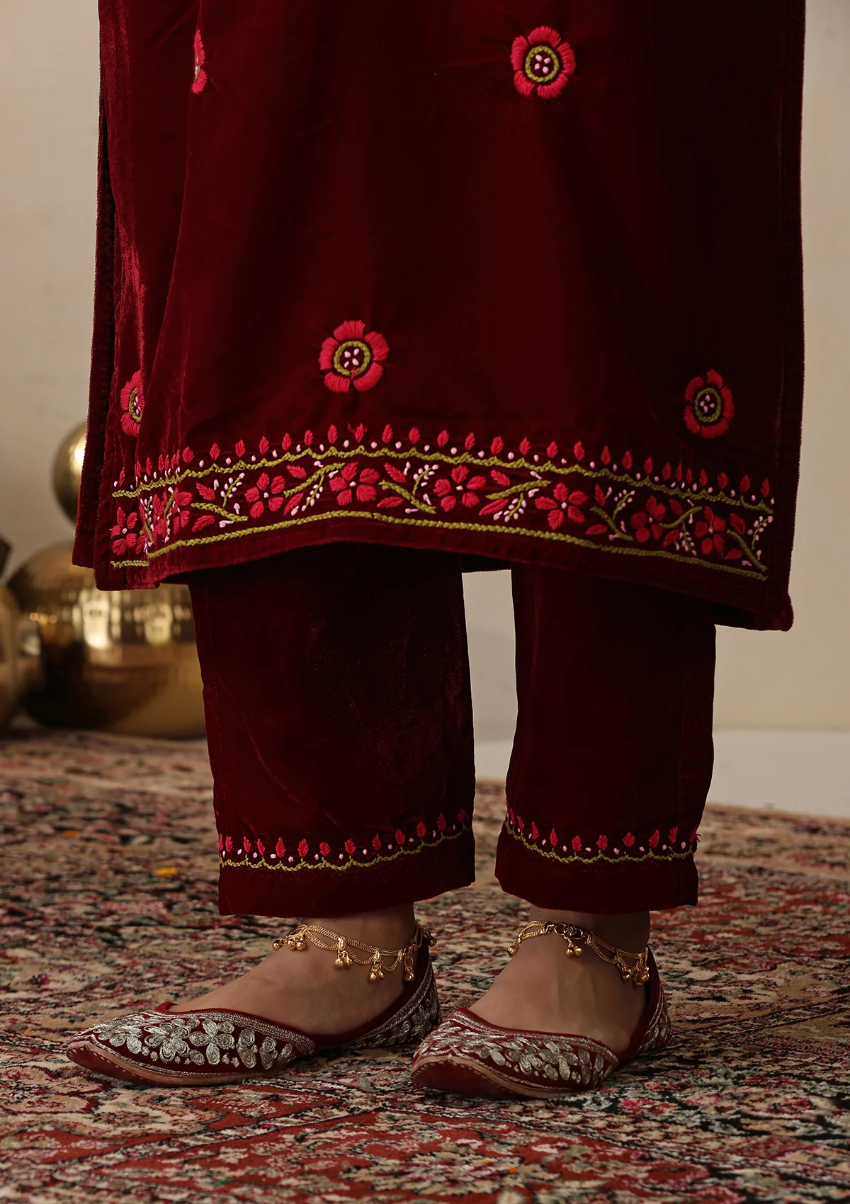 HOC Velvet Chikankari Solid Women's 2 PC Long Kurta Set - Maroon - Healthber