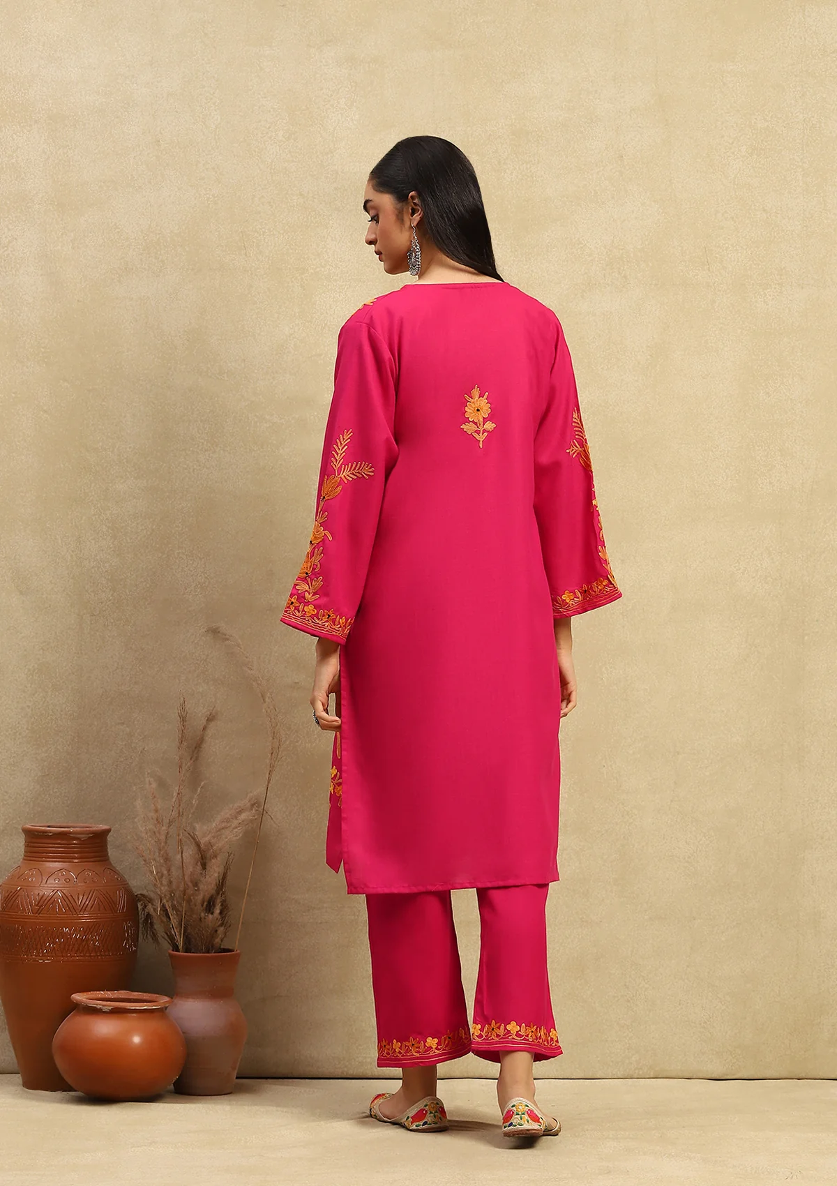 HOC Crafts Cotton Aari Embroidered Solid Women's 3 PC Long Kurta Set with Dupatta - Pink - Healthber