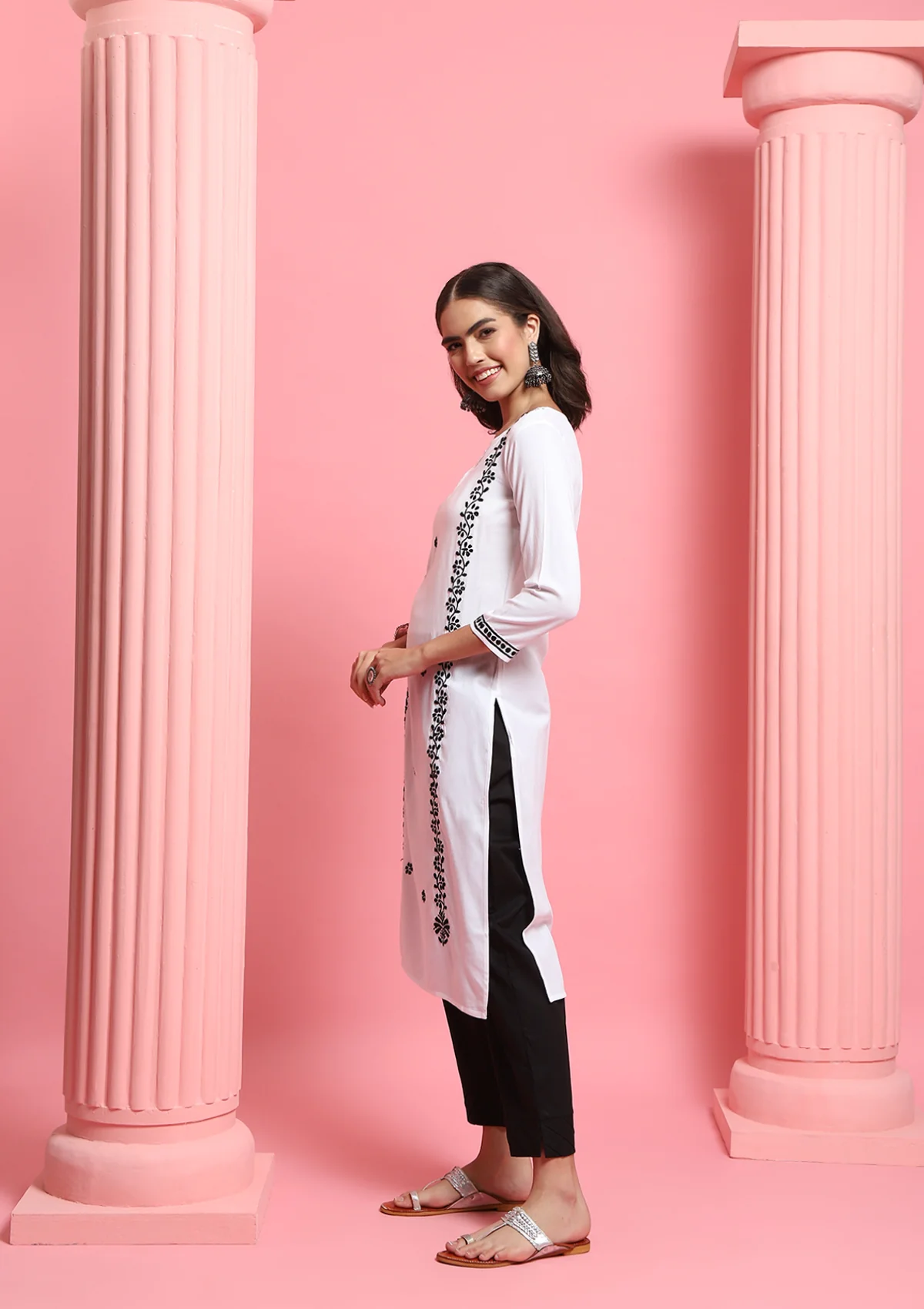 Rayon Chikankari Solid Women's Long Kurta - White - Healthber