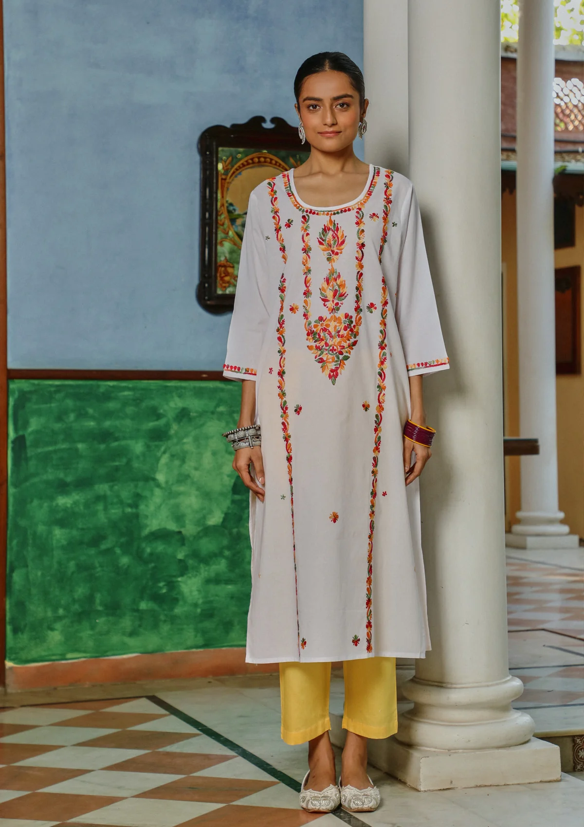 HOC Cotton Chikankari Solid Women's Long Kurta - White - Healthber