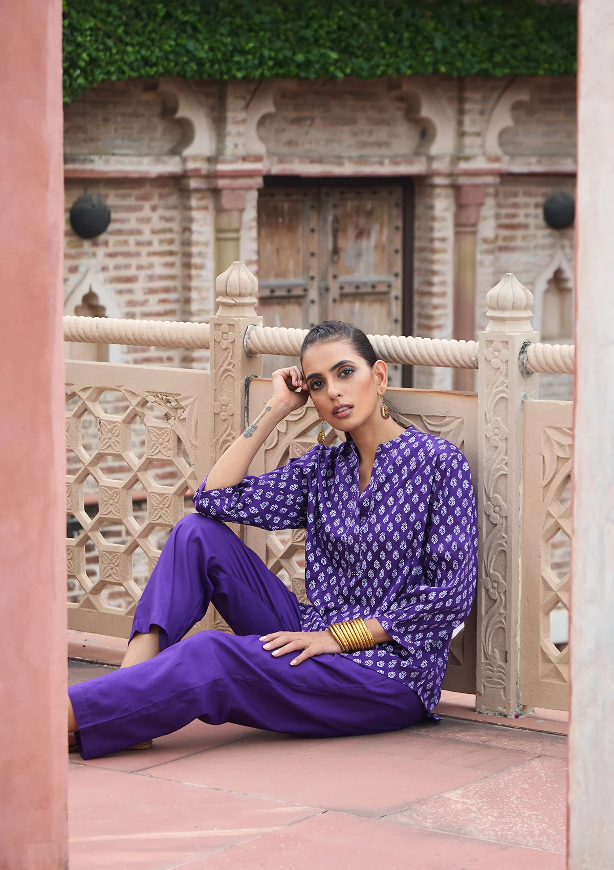 HOC Glazed Cotton Hand Block Printed with Hand Embroidery Women's 2 PC Co-ord Set - Dark Purple - Healthber