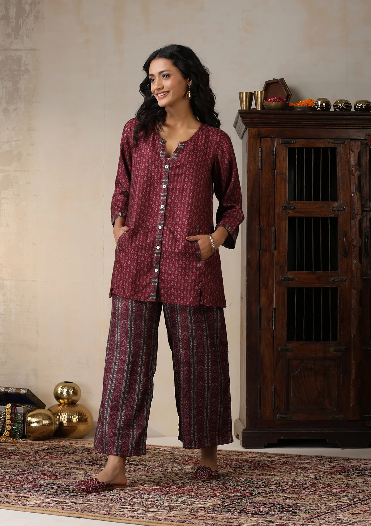 HOC Pashmina Printed Women's 2 PC Co-ord Set - Maroon - Healthber