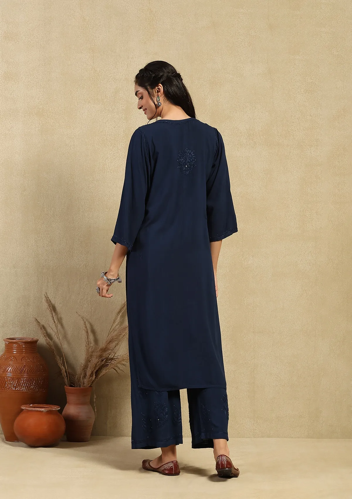 HOC Rayon Chikankari Mukaish Solid Women's 2PC Long Kurta Set -Navy Blue - Healthber