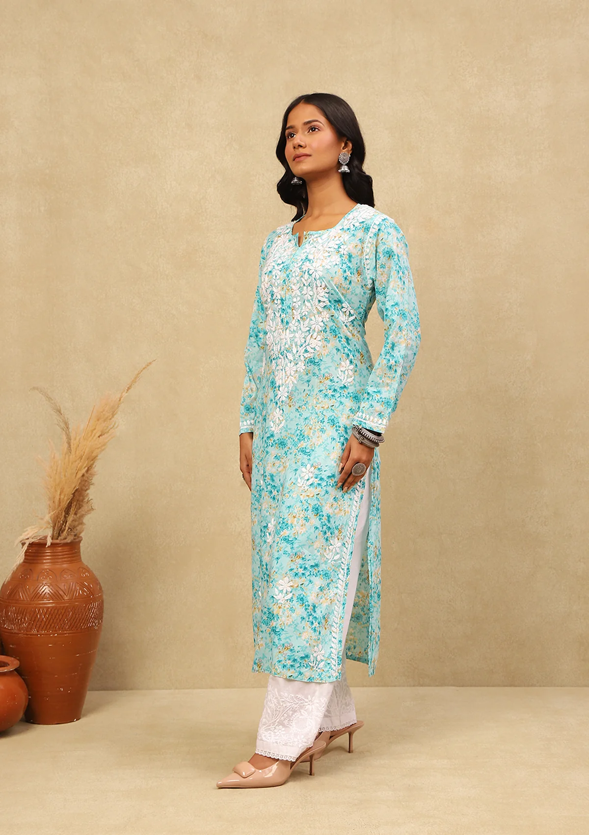 HOC Mulmul Chikankari Printed Women's Long Kurta -Sea Green - Healthber