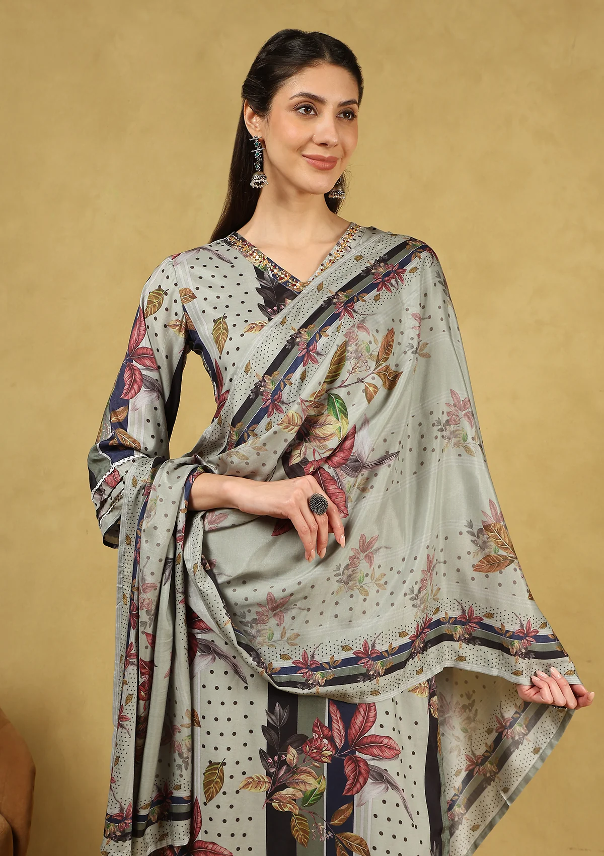 HOC Hand Embellished Muslin Printed Women's 3 PC Long Kurta Set with Dupatta - Grey - Healthber