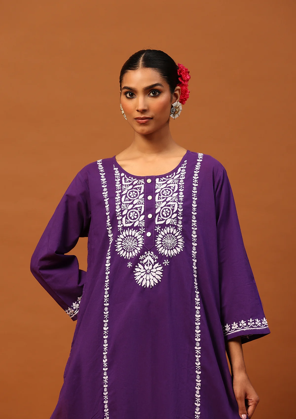 HOC Cotton Chikankari Solid Women's 2 PC Long Kurta Set-Purple - Healthber