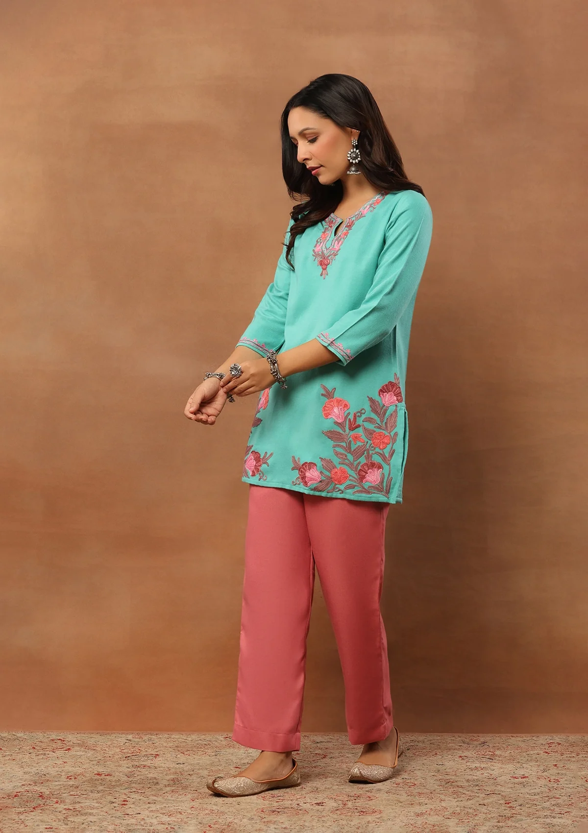 HOC Aari Embroidered Woollen Solid Women's Short Kurta - Turquoise Blue - Healthber
