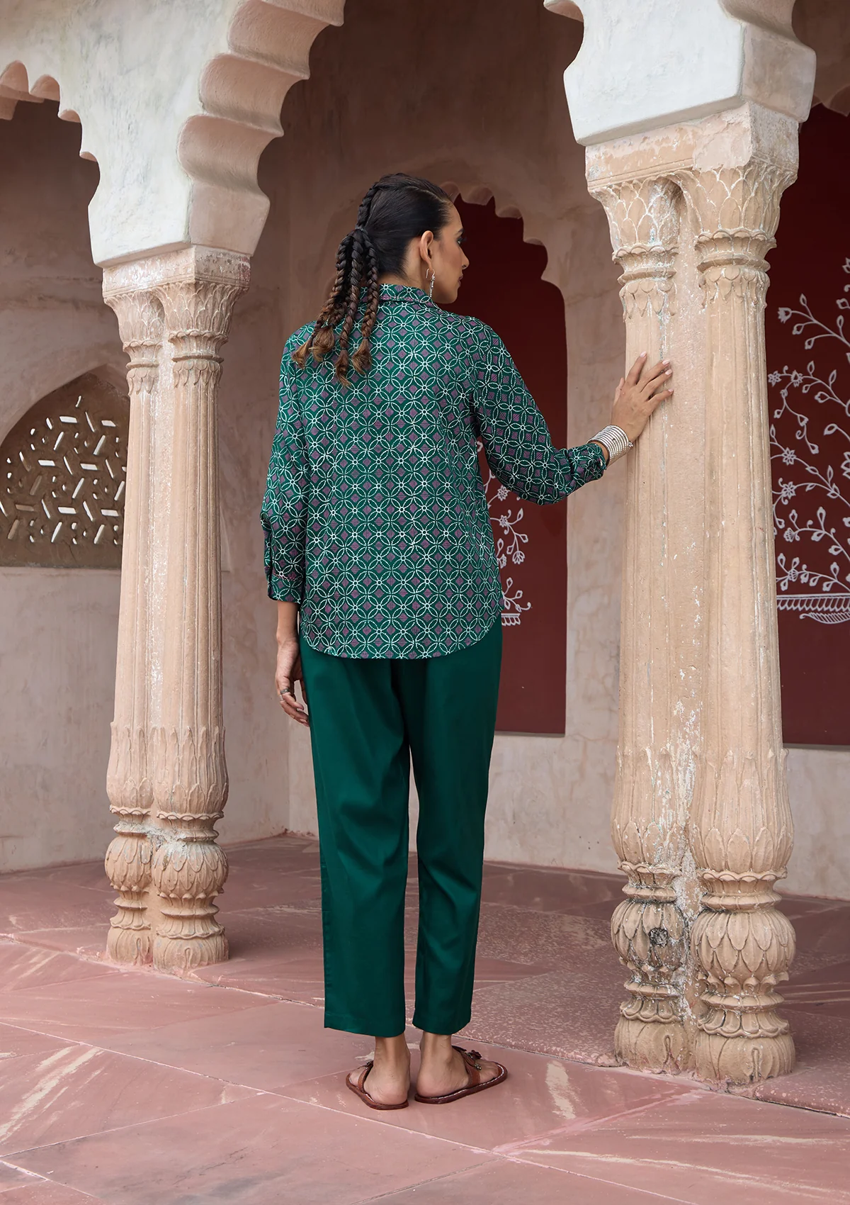 HOC Glazed Cotton Hand Block Printed with Hand Embroidery Women's 2 PC Co-ord Set - Dark Green - Healthber