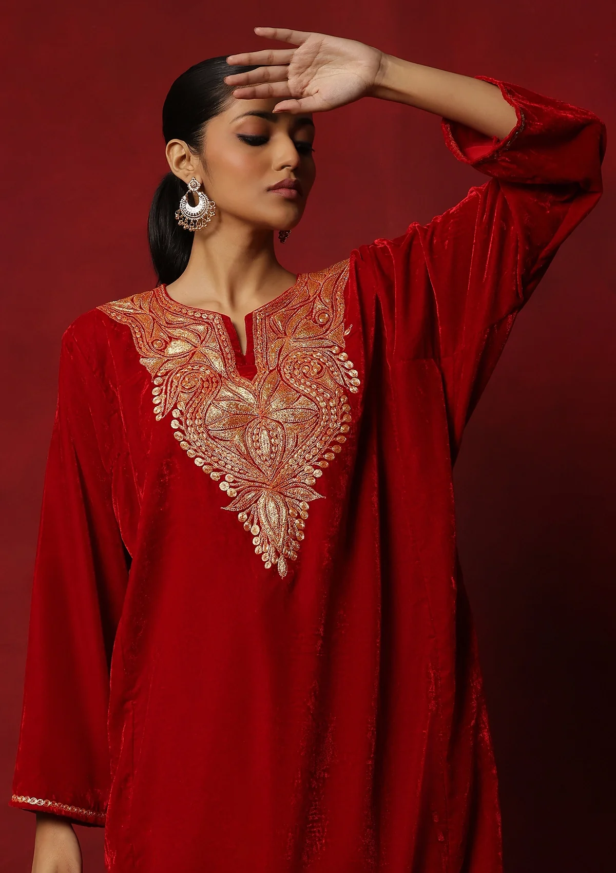 HOC Kashmiri Velvet Tilla Embroidered Solid Women's 2 PC Phiran Set -Red - Healthber